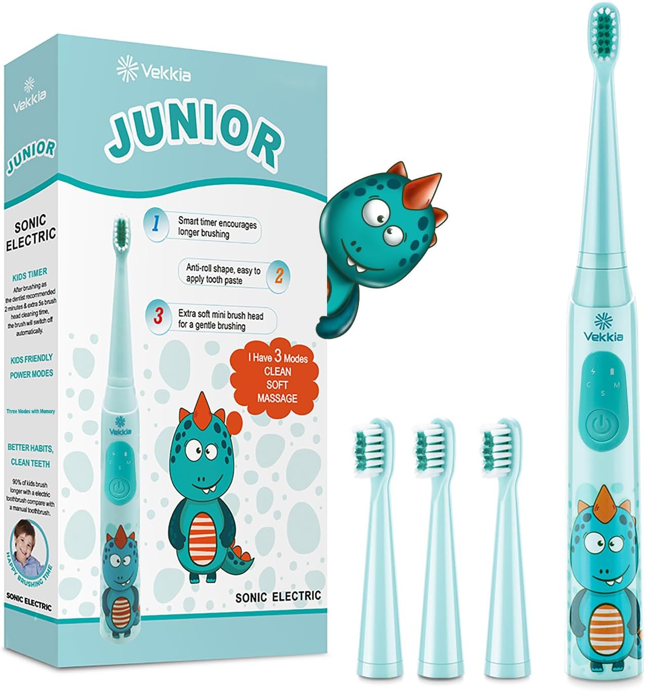 Vekkia Sonic Rechargeable Kids Electric Toothbrush, 3 Modes with Memory, Fun & Easy Cleaning, 24000 Strokes, IPX7 Waterproof, 2-Min Timer for Age 5+, 4 Soft Bristles(Blue)