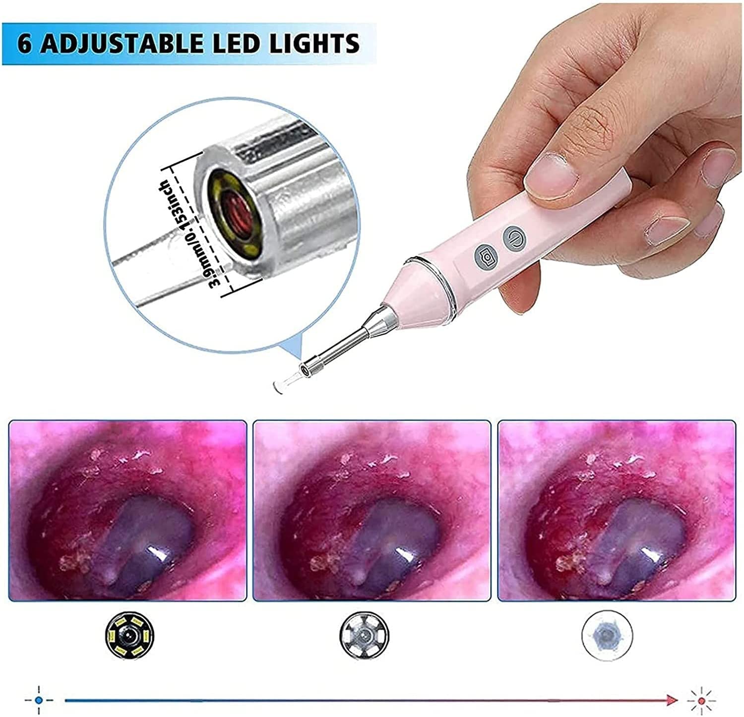Cámara de Herramientas de eliminación de Cera de Oreja, Limpiador de Orejas visuales Inteligentes, otoscopio de Oreja inalámbrica con 6 DIRIGIÓ Luces, IP67 Kit de Limpieza de Orejas a Prueba de