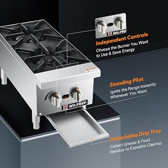 WILPREP 12 Countertop Gas Range, 2-Burner Commercial Hot Plate with 50,000 BTU, Natural Gas & Propane Conversion, Stainless Steel Stove for Restaurant & Home Kitchen, Durable Silver Design