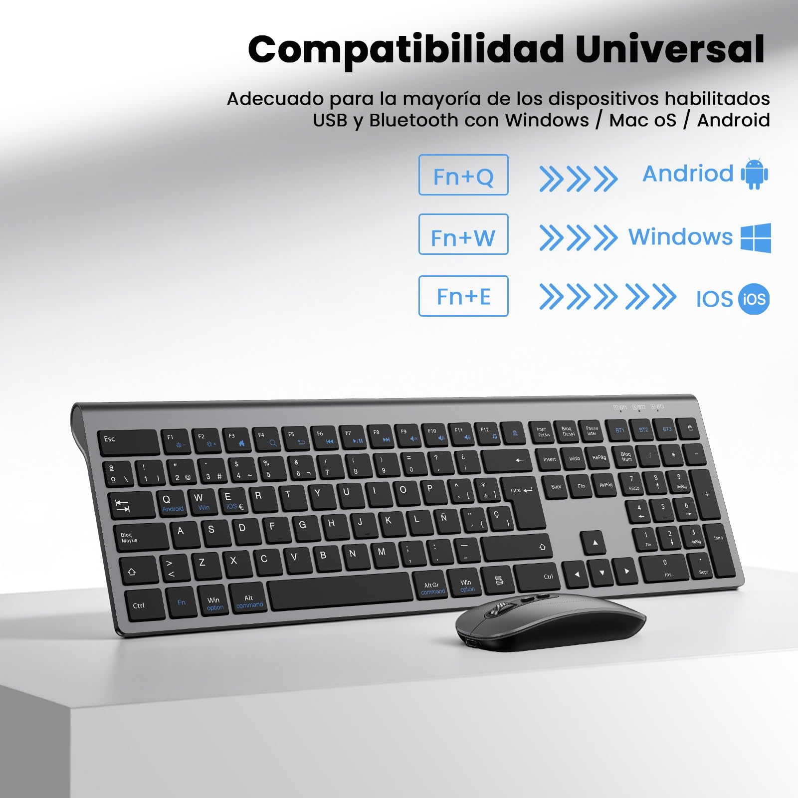 Teclado y Ratón Inalámbrico Bluetooth- cimetech Teclado y ratón Recargable, QWERTY Español Layout, Teclado de diseño ergonómico, Ultrafino para Ordenador/PC/portátil/Windows 10(Gris)