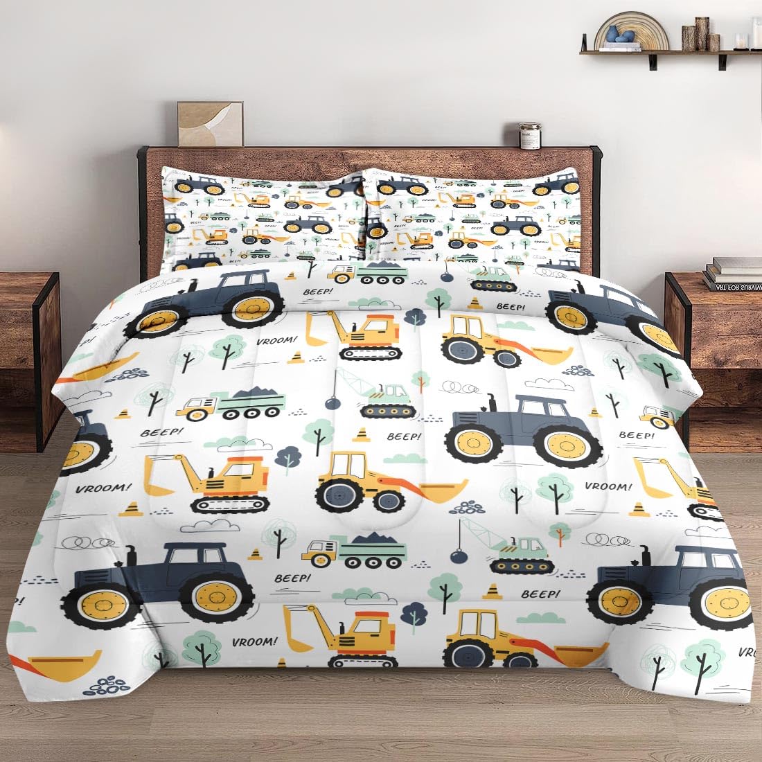 WeCozy Twin Size Comforter Set with Pillowcase, Boho Wood Construction Truck Tractor Soft 2 Pcs Bedding for Kids and Adults Bedroom Bed Decor