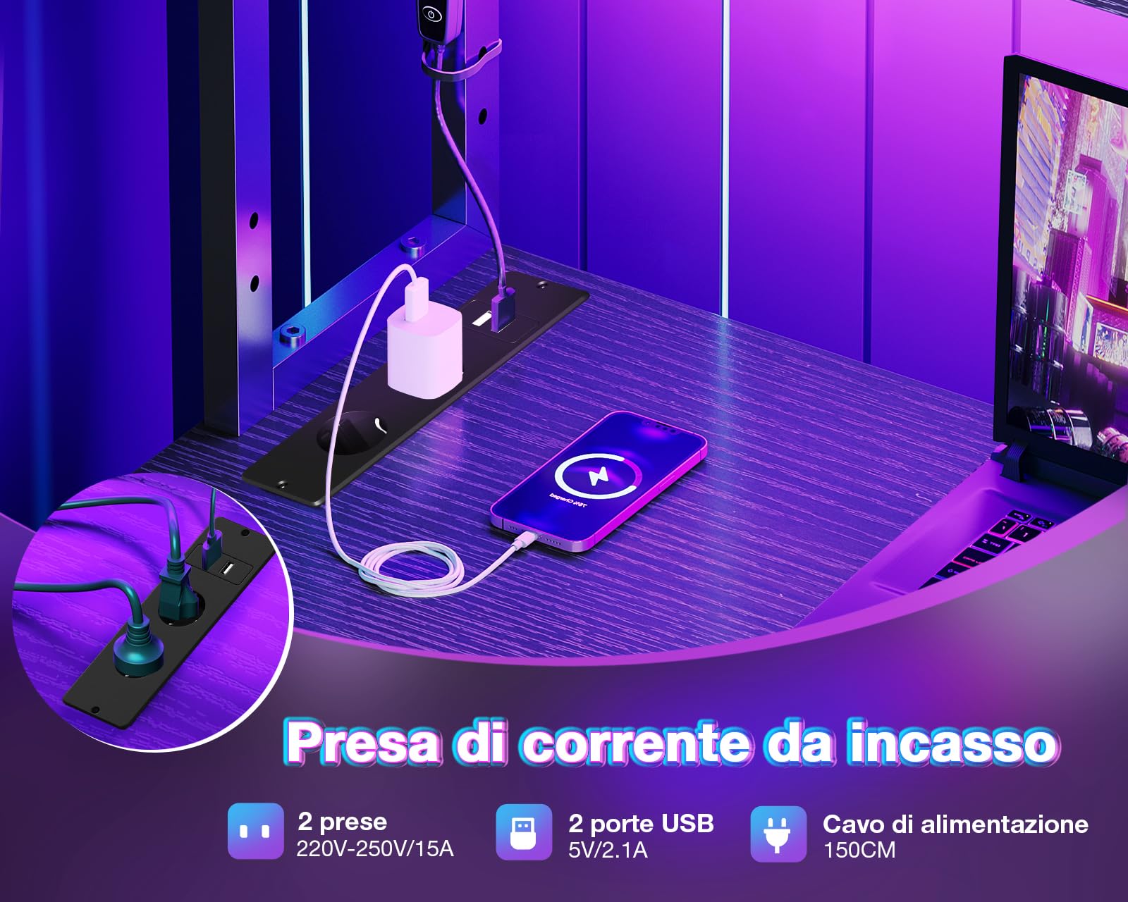 Coleshome Scrivania Gaming con LED e Prese, 135 × 100 cm Scrivania Gaming Angolare Reversibile con Scaffali Portaoggetti, Scrivania Angolare con Borsa Portaoggetti per Giocatori, Nero