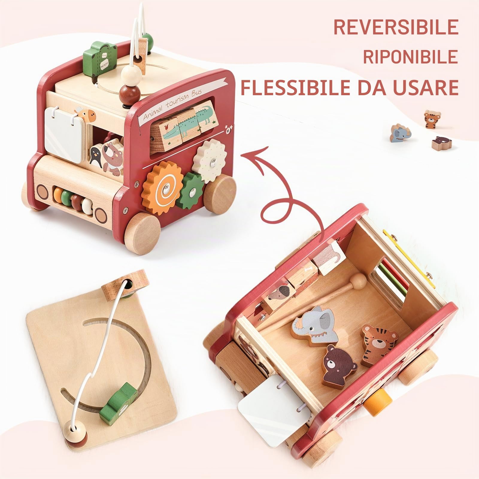 OESSUFGiocattolo Motore Montessori per Bambini a Partire da 1 Anno, 9 in 1 Bus per 12+ Mesi, Giocattolo in Legno da Attività per Bambini a Partire da 1 Regalo per Ragazze
