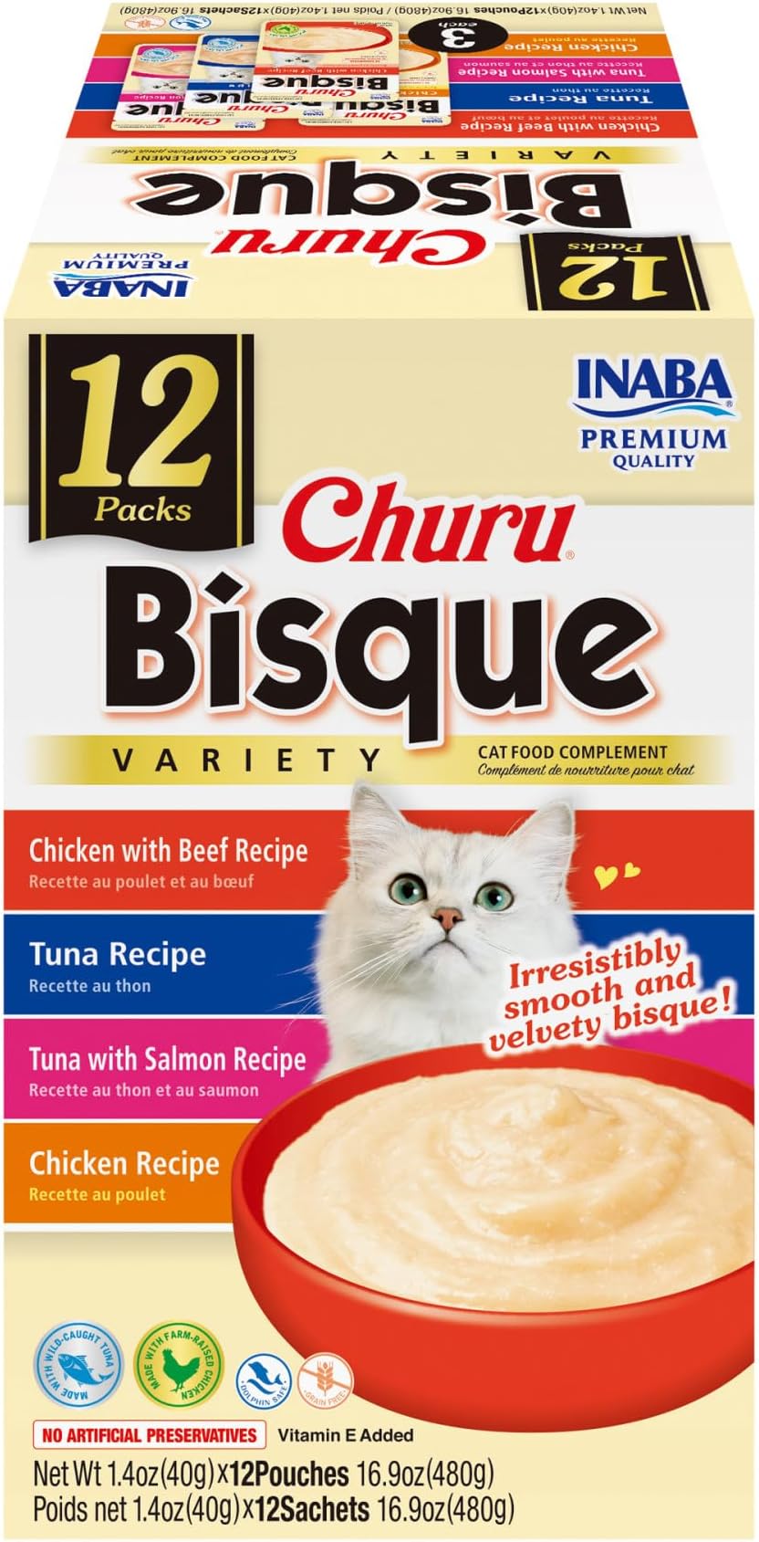 Churu Bisque for Cats, Creamy Mashed Lick Garnish with Vitamin E, 1.4 Ounce Bag, 12 Bags, Variety of Tuna and Chicken
