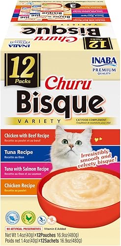 Miniatura 8 de INABA Churu Bisque para gatos, plato de puré cremoso para lamer con vitamina E, 1.4 onzas por bolsa, 12 bolsas, receta de atún con salmón