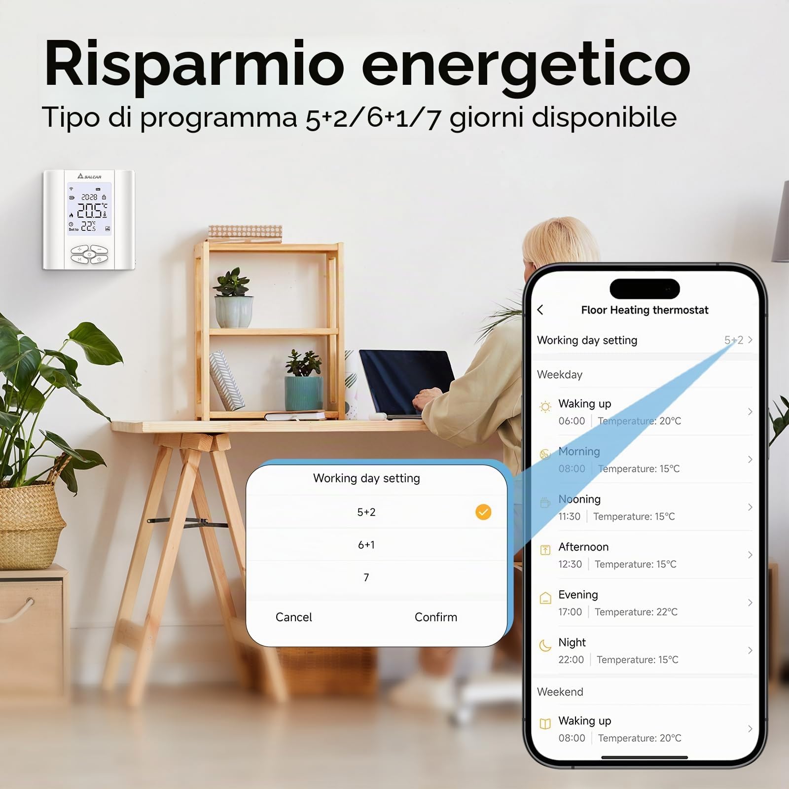 SALCAR Termostato intelligente per riscaldamento Wi-Fi, T5W, programmabile, termostato da parete WiFi con Umidità, compatibile con Alexa e Google