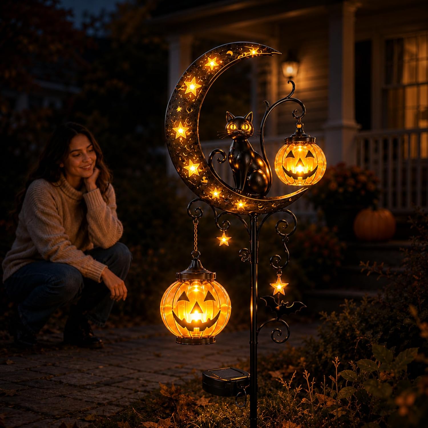 Solar Halloween Black Cat & Pumpkin Moon Garden Stake Light, Waterproof Outdoor LED Metal Crescent Moon Yard Decor with Hanging Jack-o'-Lantern for Garden, Patio, Lawn, Walkway & Porch (#1)