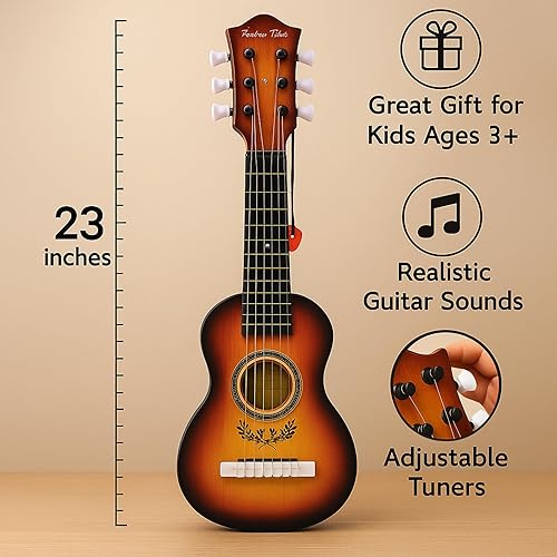 Vista 19 de Guitarra acústica de 23 pulgadas, guitarra de juguete de 6 cuerdas para niños, cuerdas de acero realistas, primer instrumento musical para Caoba