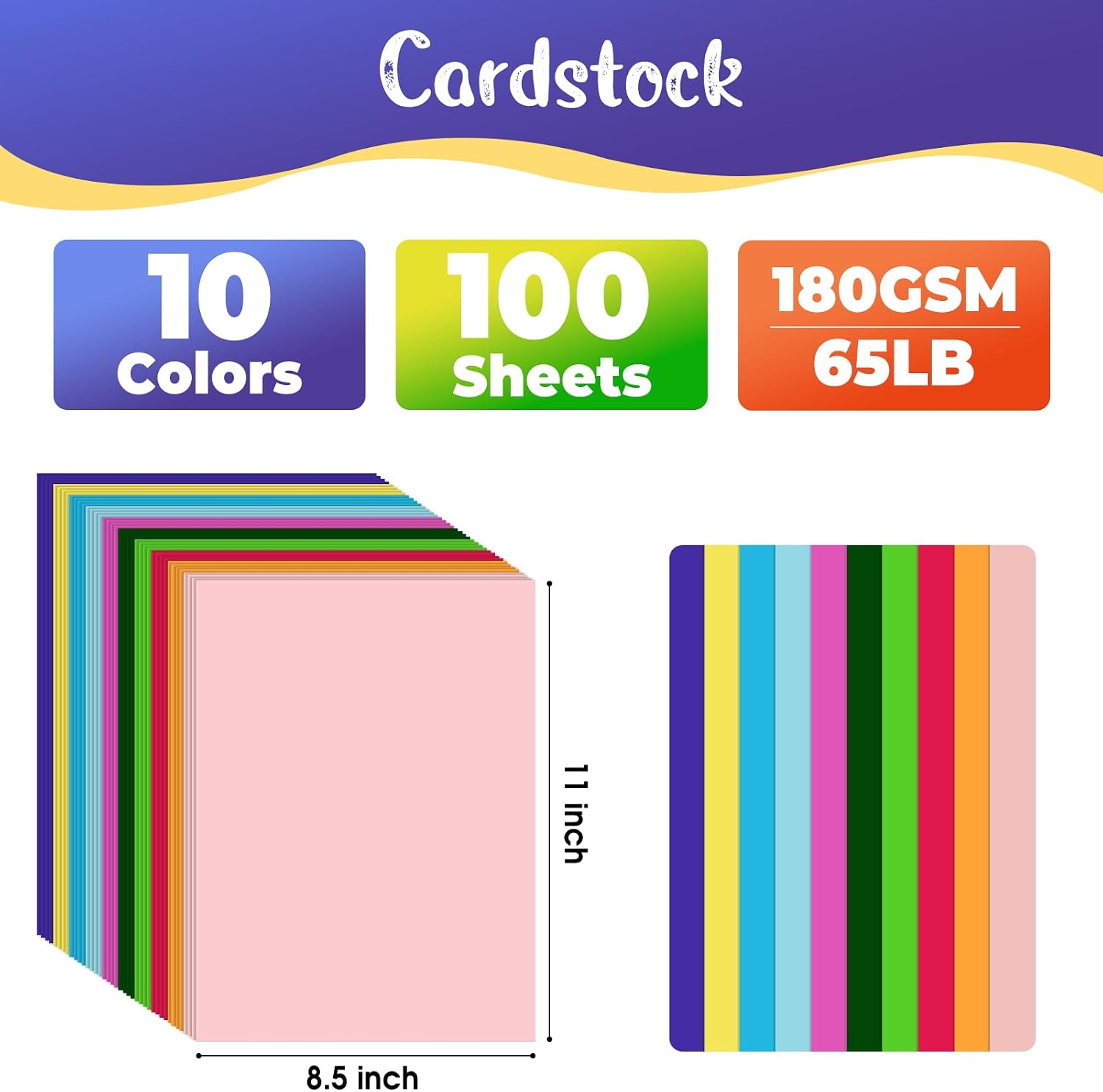 CreGear 100 Sheets Colored Cardstock Paper 8.5 x 11, 10 Colors Card Stock | 10 Assorted Colors Construction Paper, 180gsm/65lb Heavyweight Printer Paper, for Crafts, DIY Card Making, Scrapbooking