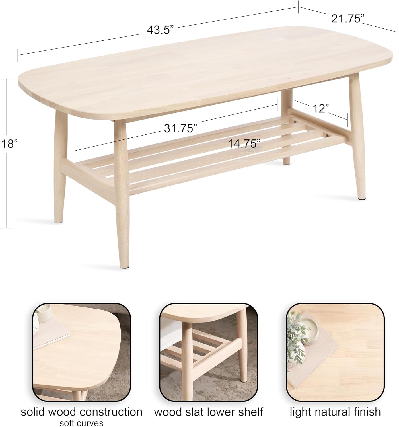 Kate and Laurel Niles Modern Tiered Rectangle Coffee Table, 44 x 22 x 18, Light Natural, Transitional Two-Tier Oval Living Room Coffee Table with Storage and Solid Wood Construction