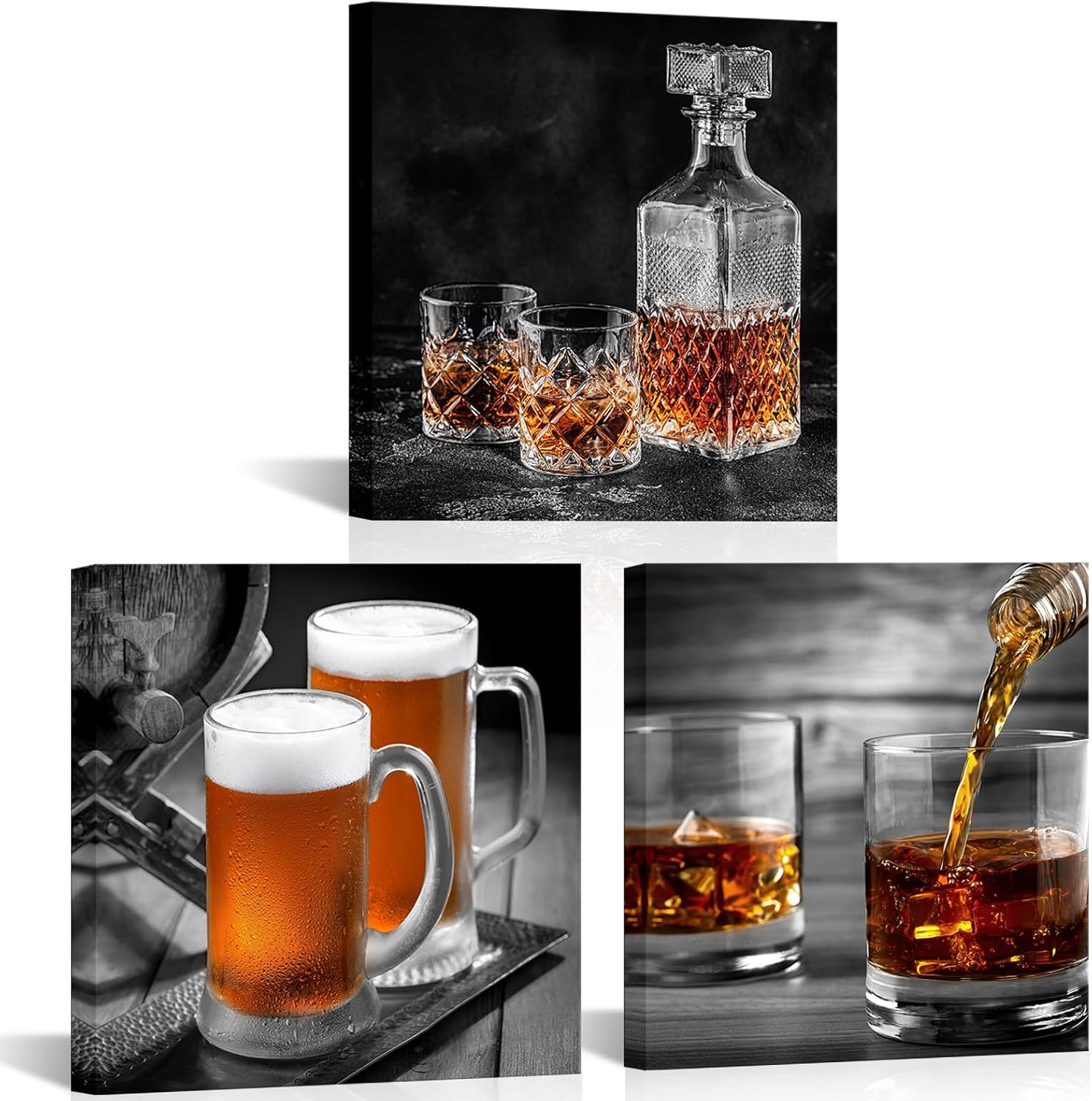 LyerArtork 3 Pieces Beer Whiskey Pictures Poster Wall Art Canvas Prints Western Modern Artwork for Kitchen Bar Basement Dining Room Wall Decor Decorations 12"x12"x3pcs