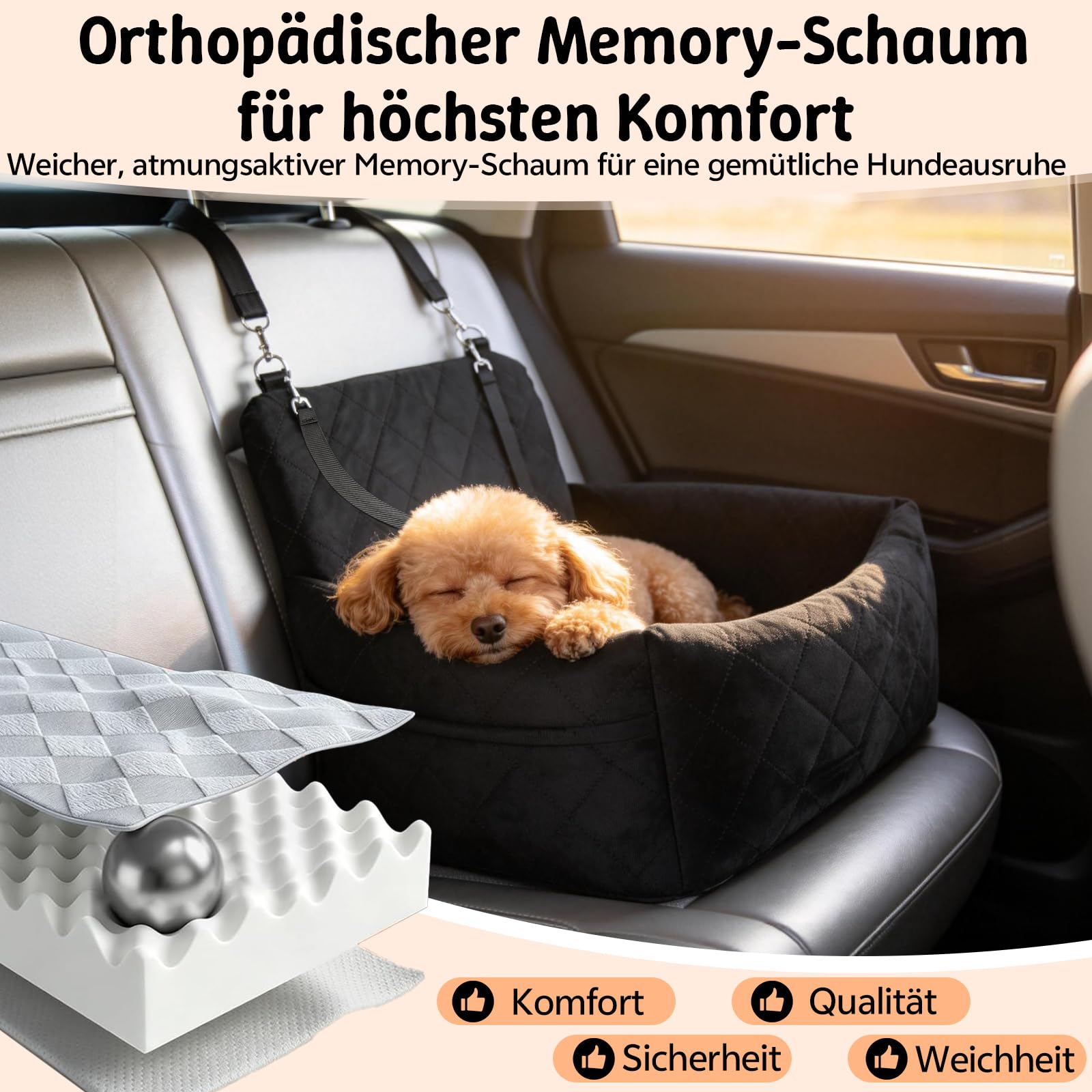 Hundeautositz bis 9 kg, Memory-Schaum Hundebooster mit Plüsch-Samt-Bezug, Rutschfeste Unterseite & 2 Sicherheitsgurte, Waschbares Reise-Hundebett mit Sicherheitsleine, 45x45x34cm