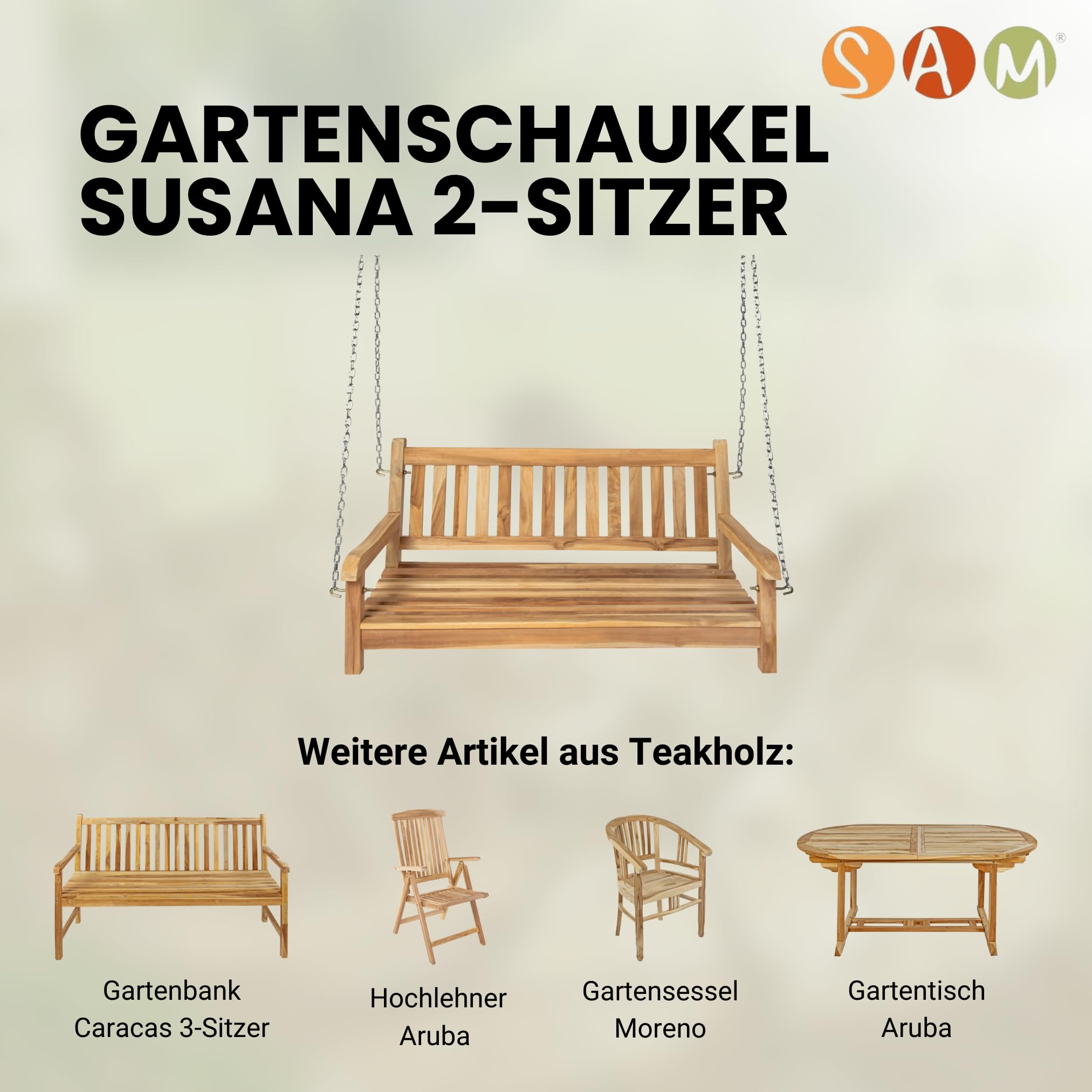 SAM 2-Sitzer Gartenschaukel Susana, hängende Bank 120 cm, Teakholz massiv, Schaukelbank für den Garten, pflegeleichtes Unikat