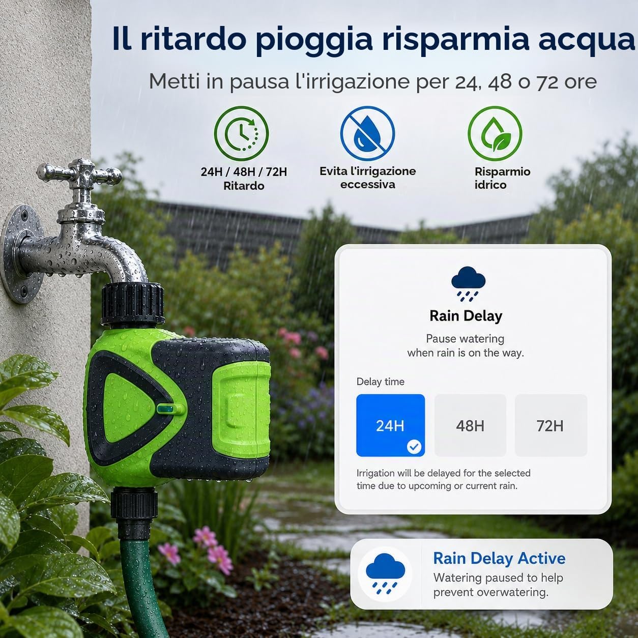 Timer Irrigazione WiFi senza Hub, Programmatore Irrigazione Smart con Controllo App 2,4 GHz, Irrigazione Automatica, Conto alla Rovescia, Programmazione, IP65 per Giardino Prato Serra