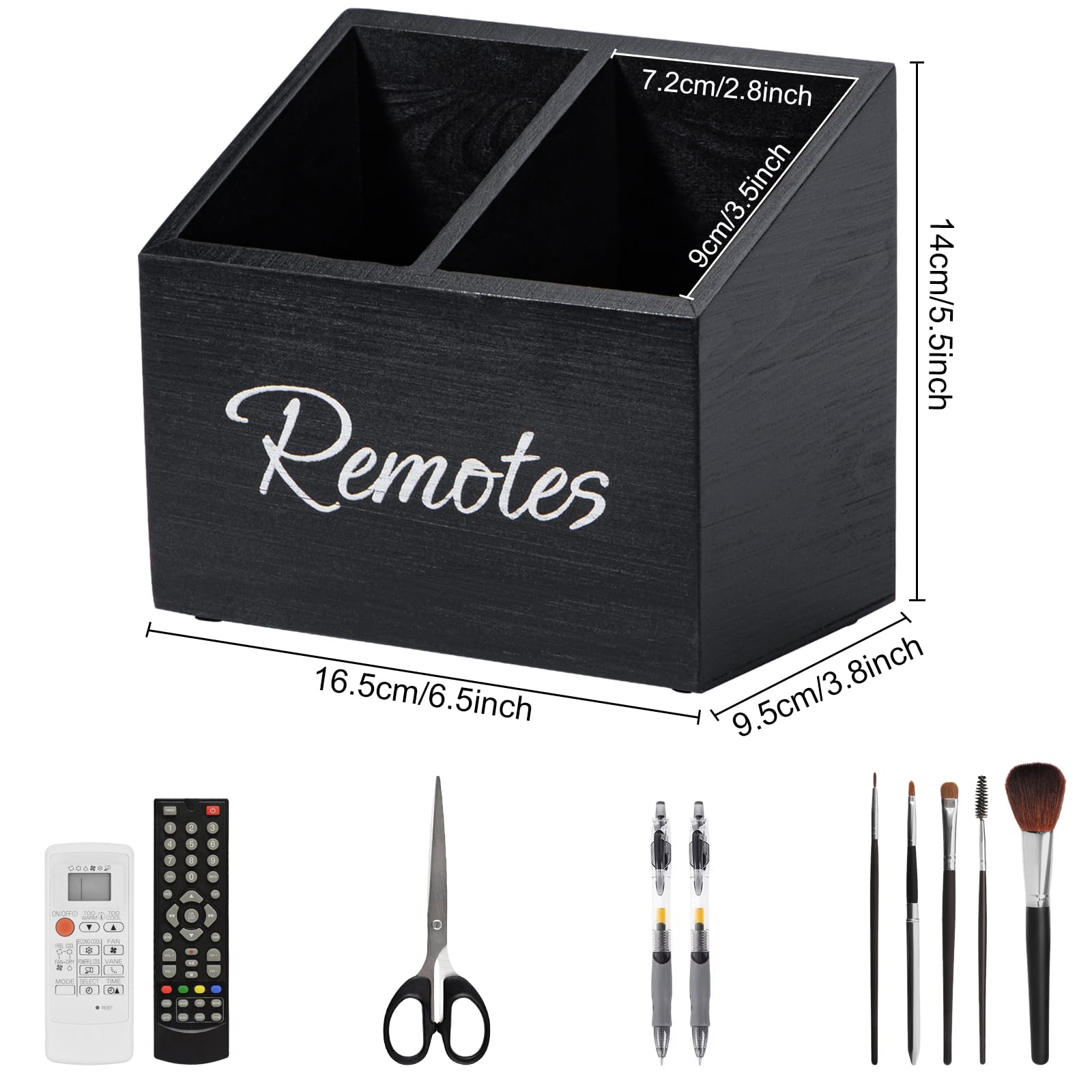 Yeeco Wooden TV Remote Holder, Remote Control Holder for Table, Wood Media Remote Controller Caddy Organizer Storage Case for Living Room Nightstand Desktop 2 Compartments Black 6.5”x3.7”x5.5”