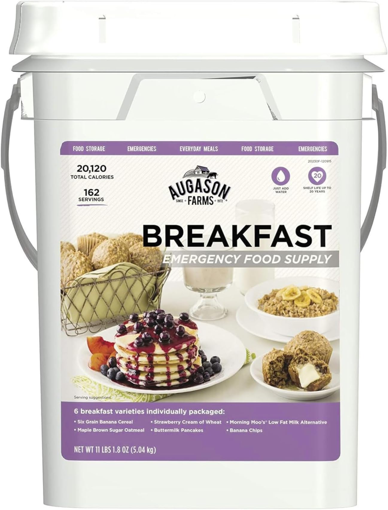 Breakfast Variety Kit Emergency Food Supply, 162 Servings, 20 Year Shelf Life, 6 Breakfast Varieties - Dehydrated Meals, Survival Food Camping Essentials, 4 Gallon Bucket
