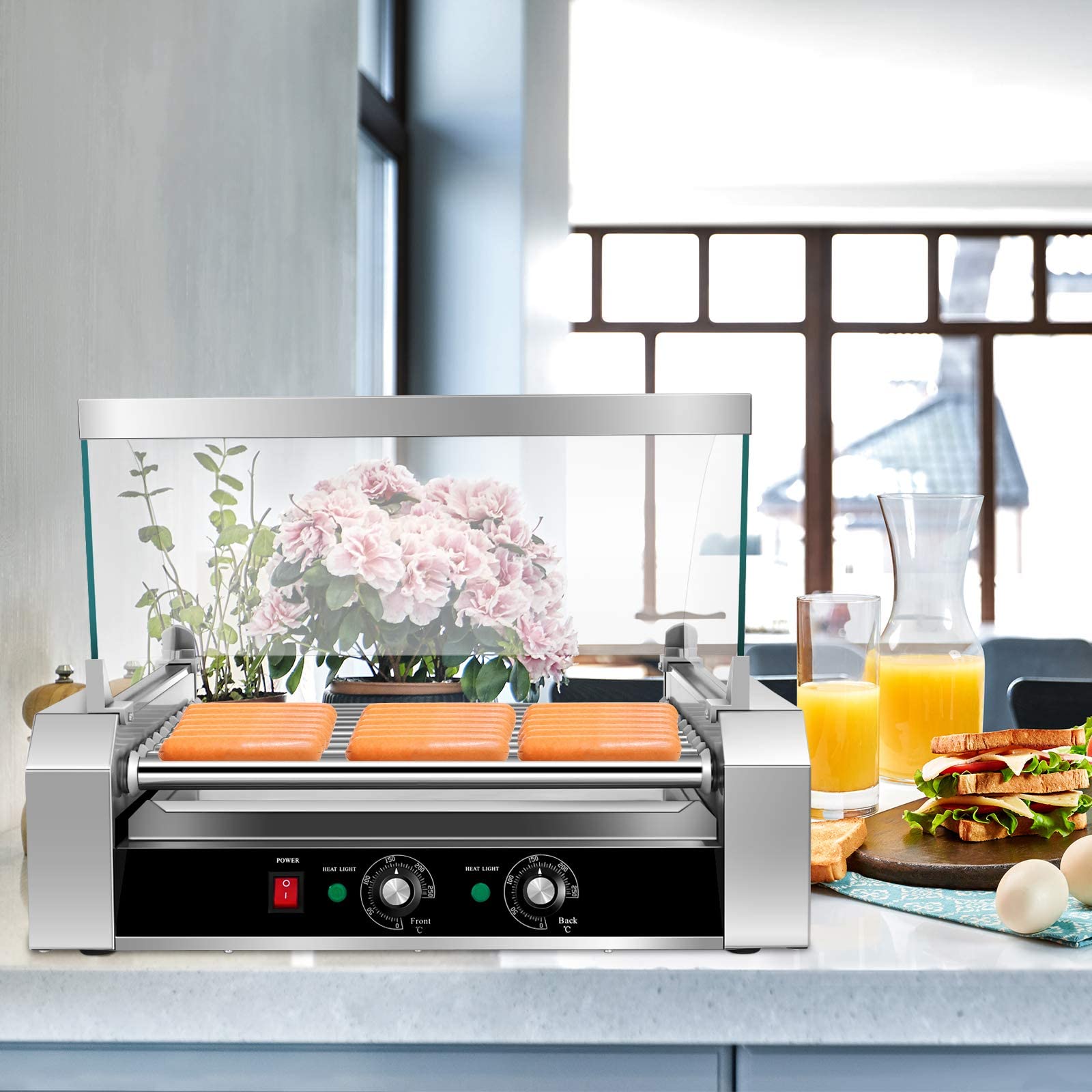 Hot Dog Roller Sausage Grill Cooker 30 Hot Dog Capacidad Hot Dog Cooker Máquina de Hot Dog de Acero Inoxidable con Doble Control de Temperatura Bandeja de Goteo Desmontable