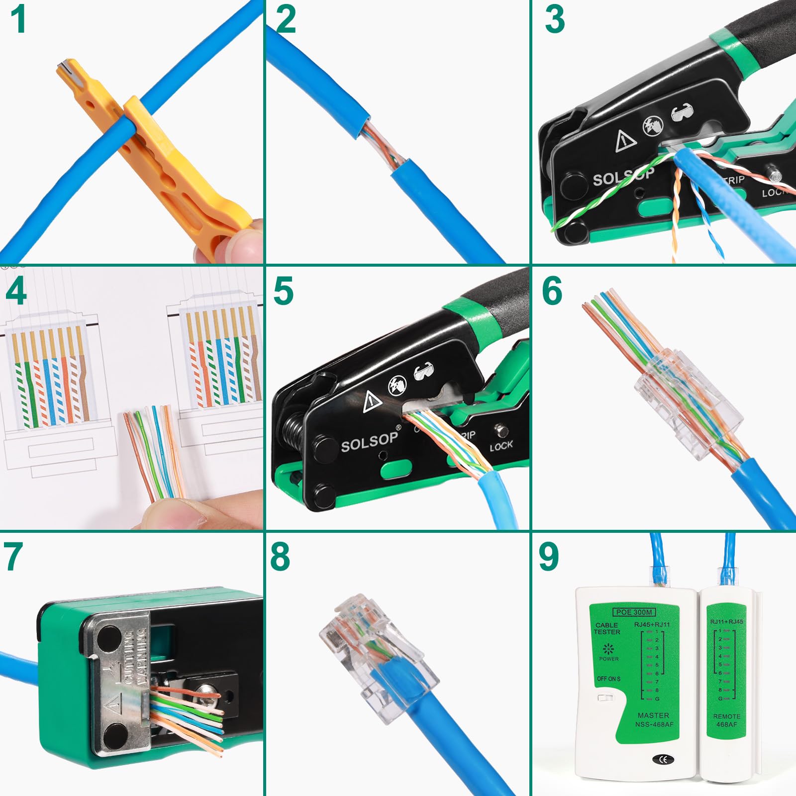 Solsop Pinza crimpatrice RJ45 passante, Cat6, per connettore Cat5, Cat5e, Cat6, 8P8C, strumento di crimpatura RJ45 tutto in uno e tester LAN