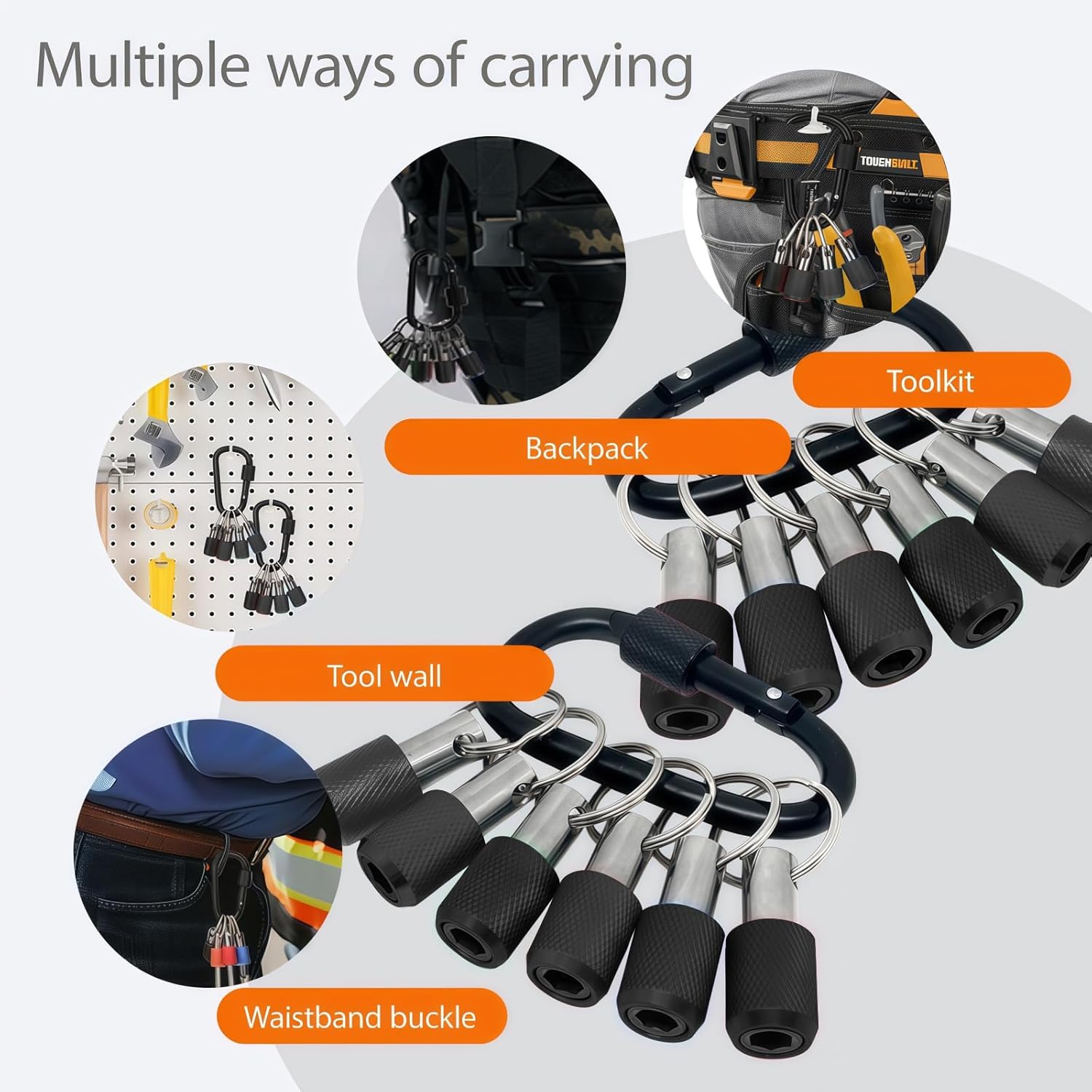 12 Pcs Set Bit Holder Keychain, 1/4" Hex Shank Quick-Release Extension Bar With Carabiner, Bit Holder Key Chain Lightweight Aluminum Alloy for Impact Drill, Keychain Bit Holder Tool Gifts (Black)