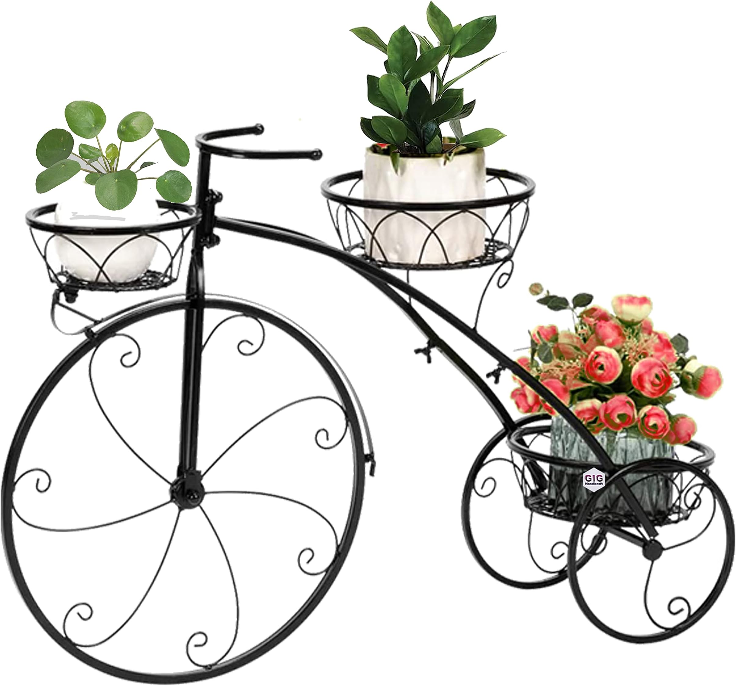 GIG Handicrafts Cycle Style Stand Iron without Pot Large Tricycle, Planter Stand, Stand For Pots, Pot Stand For Plants In Balcony ( 73 cm x 21 cm x 60 cm, Black )