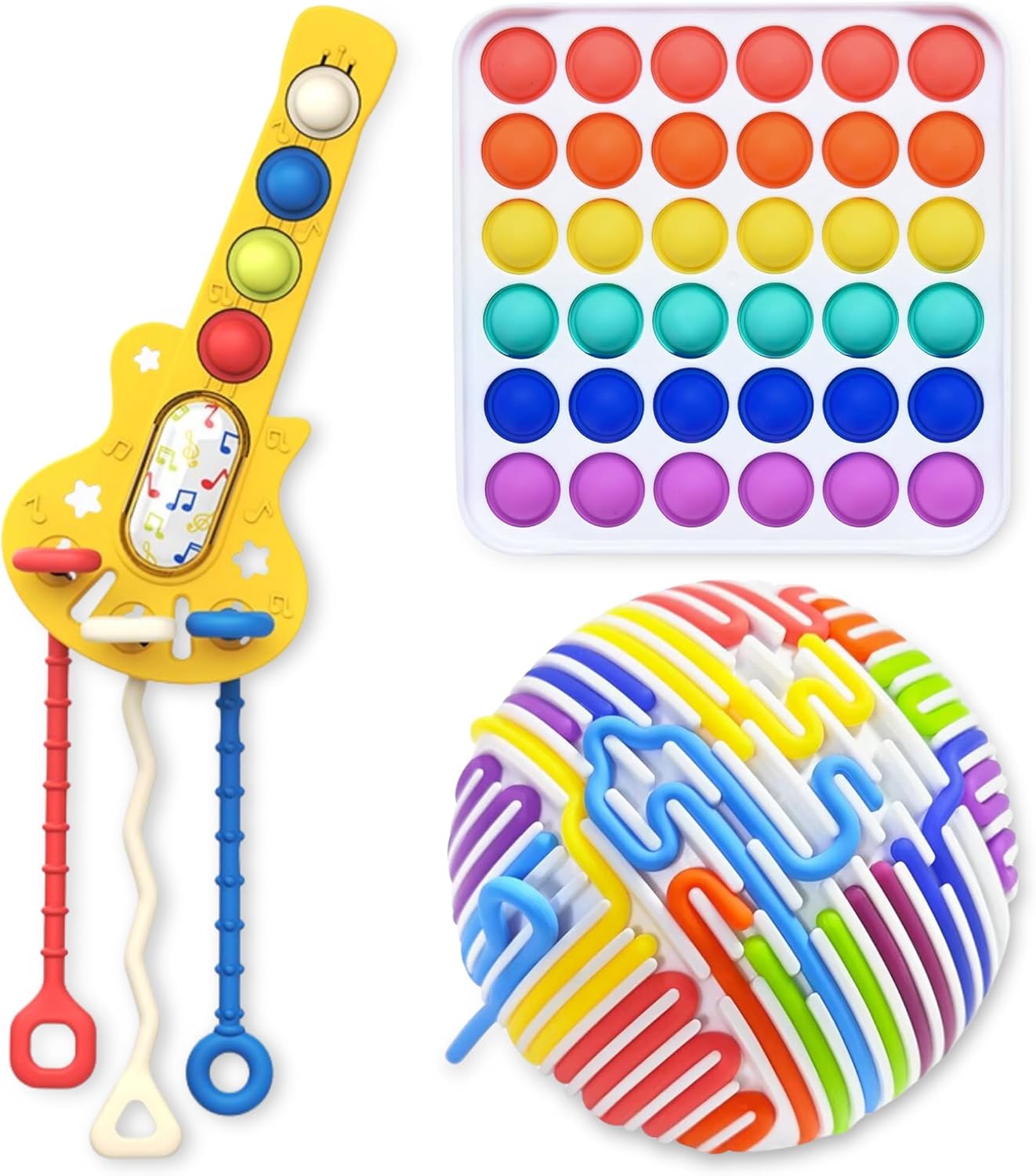 Sensory Explorer Kit – 3-in-1 Fidget Toy Set for Kids Age 5+ – Silicone Pull String Ball, Guitar Pop Toy, and Tactile Fidget Board – Calming Sensory Play for Focus & Fun