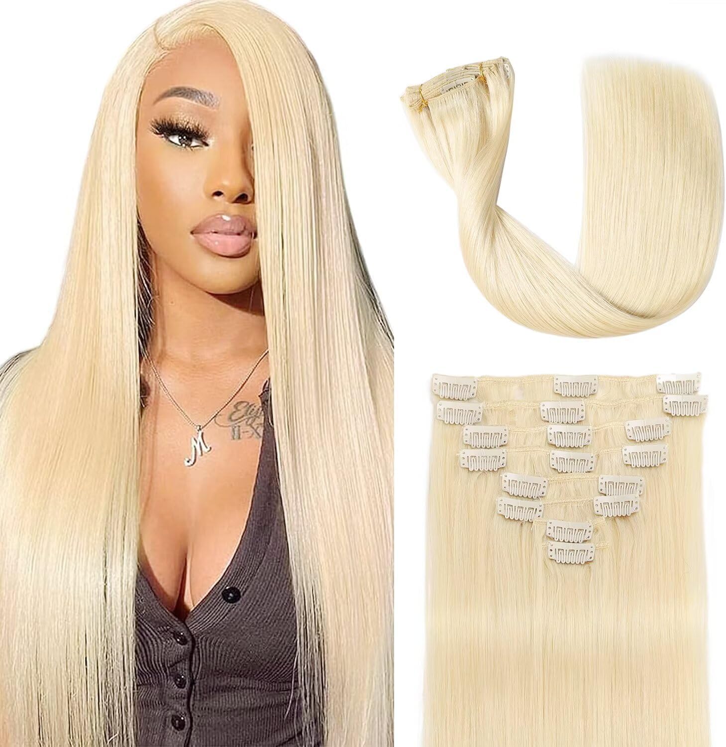 Clip in Hair Extensions Real Human Hair 3.6oz/100g Clip ins 100% Brazilian Remy Human Hair Extension for Women 8pcs Per Set with 18 Clips Double Weft (18 Inch #60 Platinum Blonde)