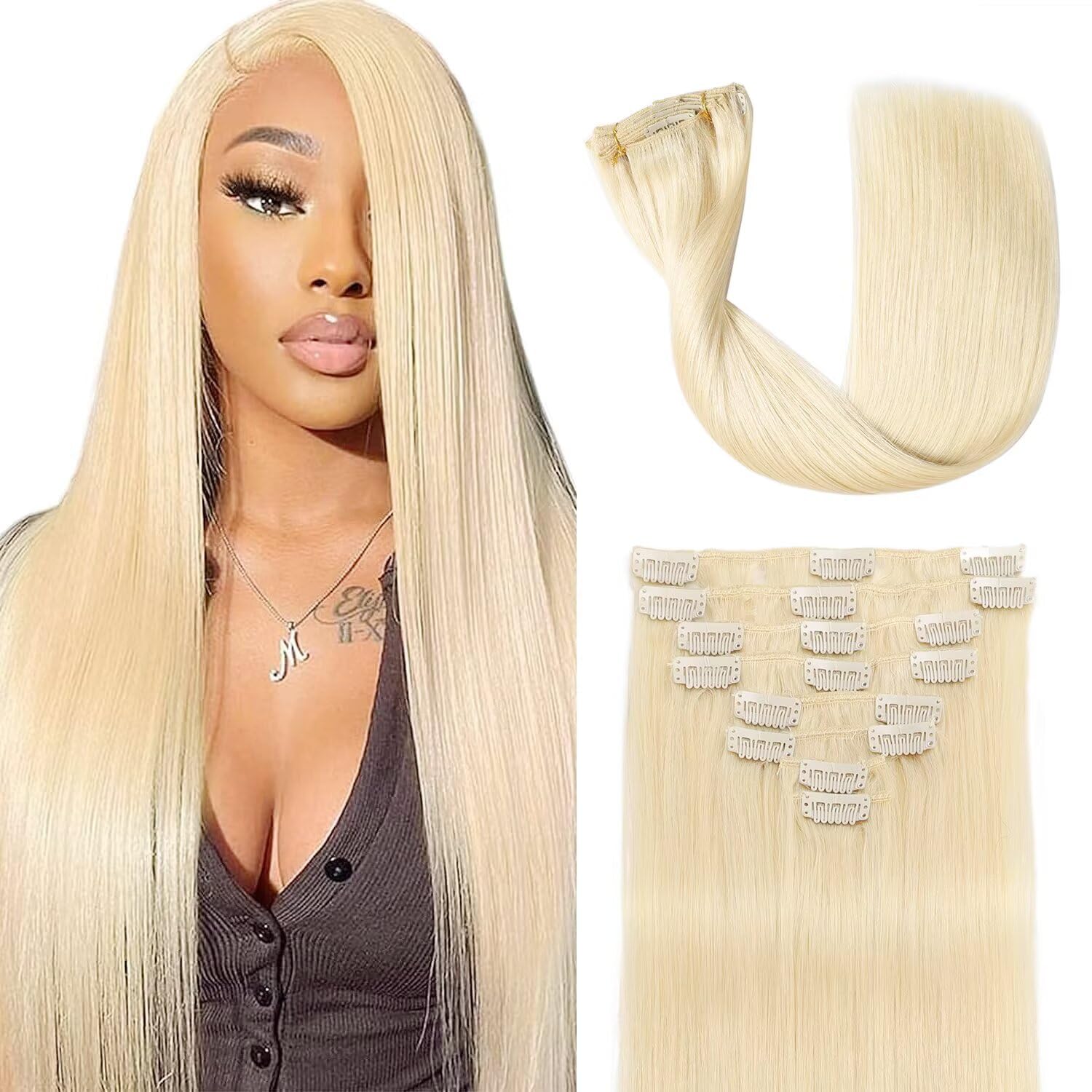 Clip in Hair Extensions Real Human Hair 3.6oz/100g Clip ins 100% Brazilian Remy Human Hair Extension for Women 8pcs Per Set with 18 Clips Double Weft (16 Inch #60 Platinum Blonde)