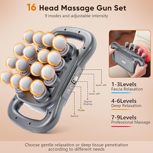 Miniatura 4 de Pistola de masaje de 16 cabezas, alivio profundo de tejido con 9 modos, masajeador de percusión silencioso para dolor de cuello, espalda, piernas,