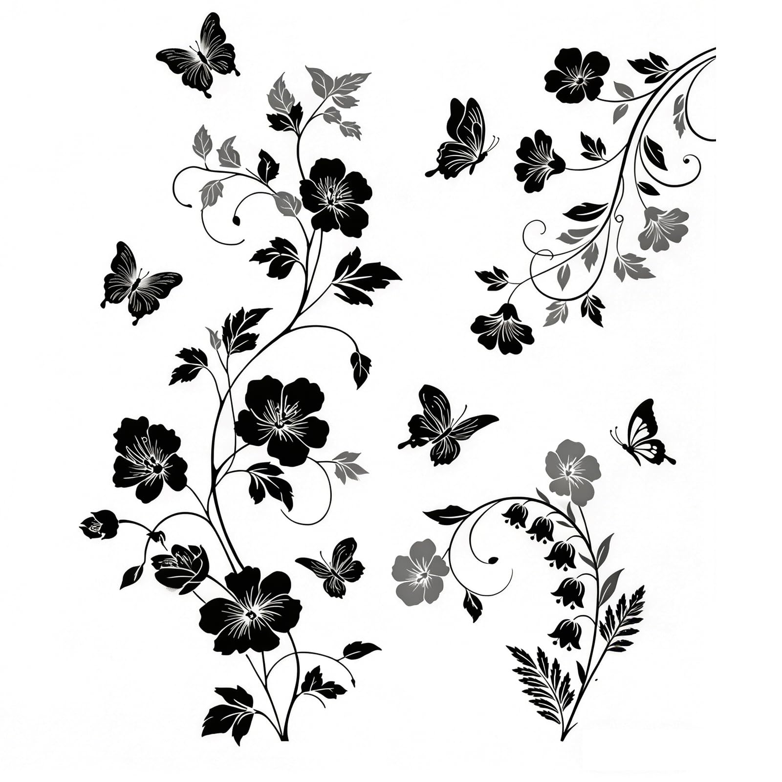 Wall Stickers, Flower Wall Stickers Bohemian Large Removable Waterproof Wall Decals, Black Grey Floral Butterfly Vine Wall Art for Living Room Bedroom Home Decor