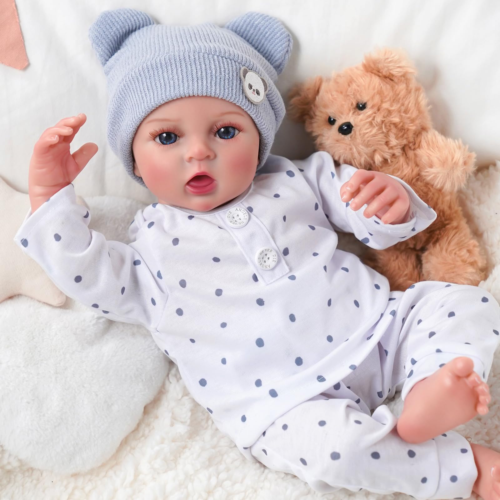 BABESIDE Bambole Reborn - 17 Pollici Bambola Realistica per Bambina - Occhi Azzurri - Corpo in Tessuto - Bambolotto Maschio Neonato con Vestiti e Accessori, Adatto a Bambine dai 3 Anni+