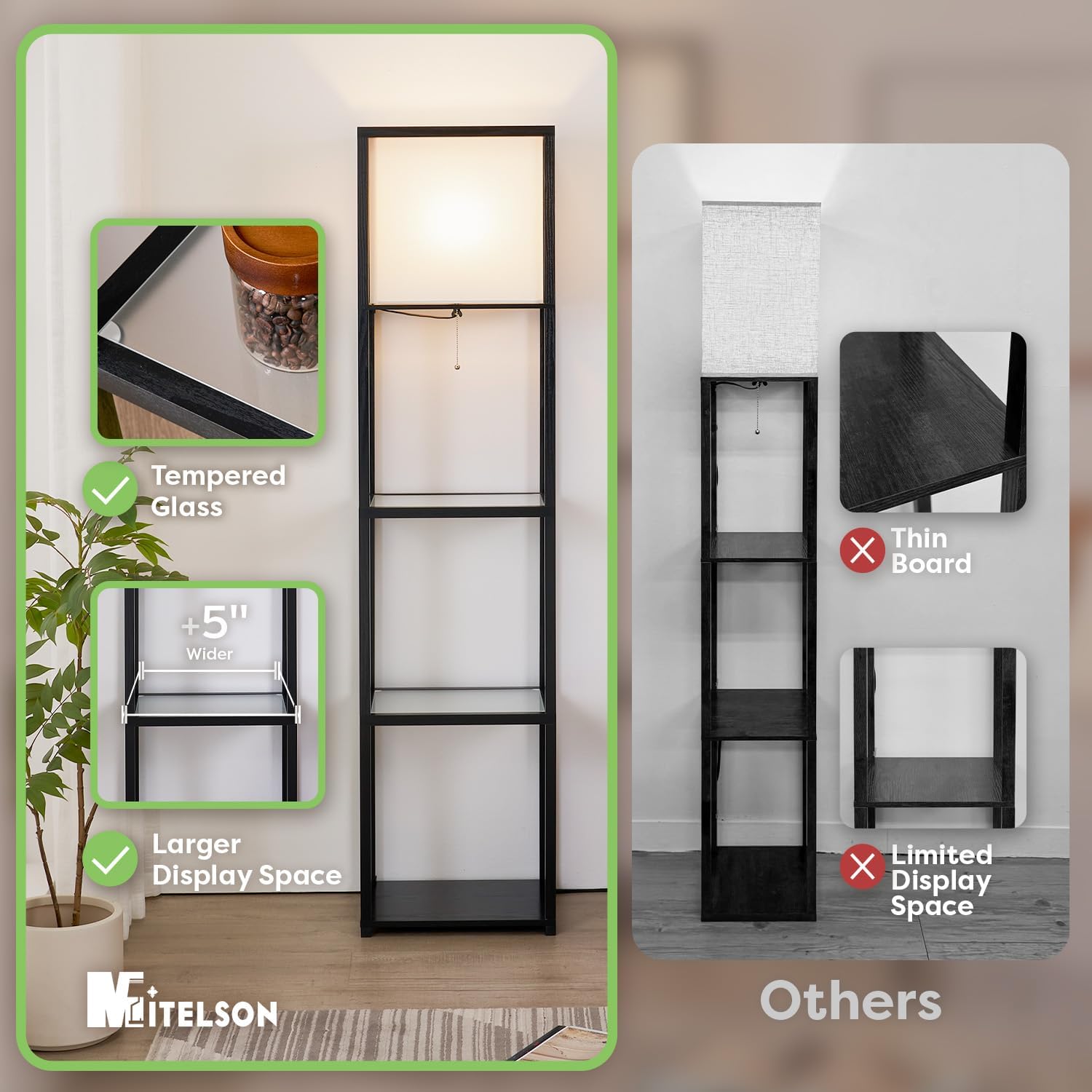 Floor Lamp with Shelves, Modern Standing Lamp with Tempered Glass Shelves, Large Display Shelf Lamp, Tall Lamp with Shelves for Living Room, Bedroom, Office, Black