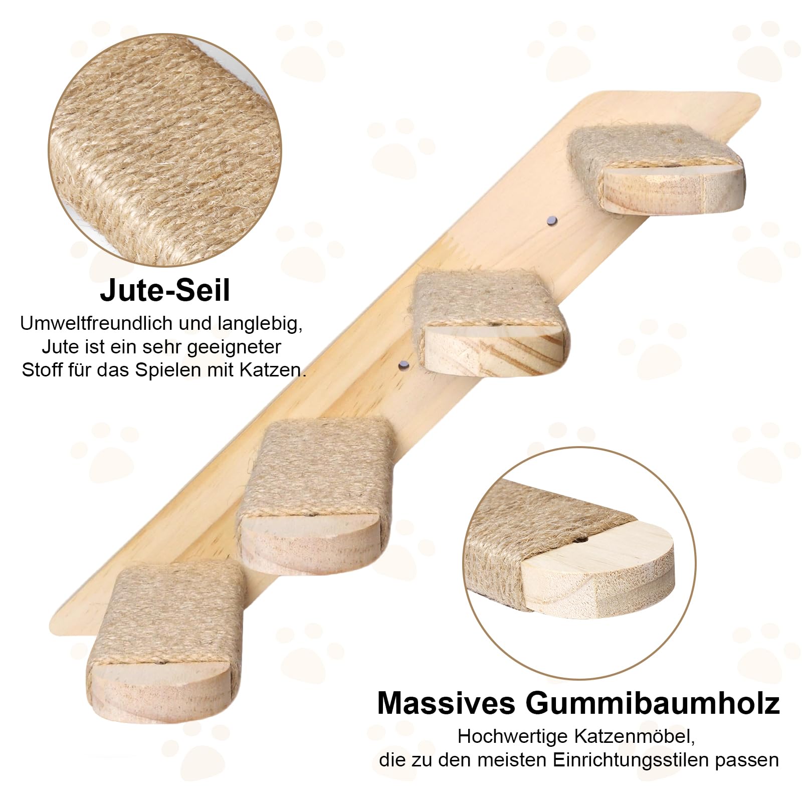 Katzentreppe Wand 4 Stufen Kletterwand für Katzen, DIY Kletterwand Katzen, Katzenleiter Mit Juteseil Wandliege aus Massives Gummiholz für Katze Klettern Spielen, Maximale Tragfähigkeit 15kg