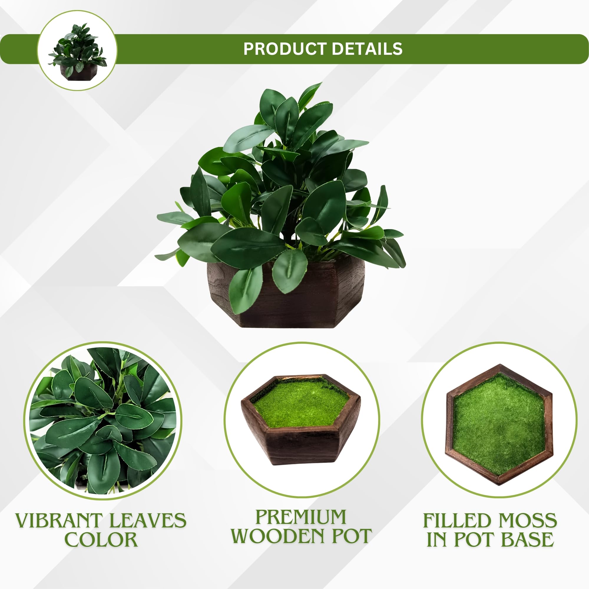 fancymart Artificial Ficus Leaves in Wood Hexagon Pot - 20cm Height - Home & Office Decor Elegant Potted Plant for Tabletop Enhancement (Pack of 1) 3