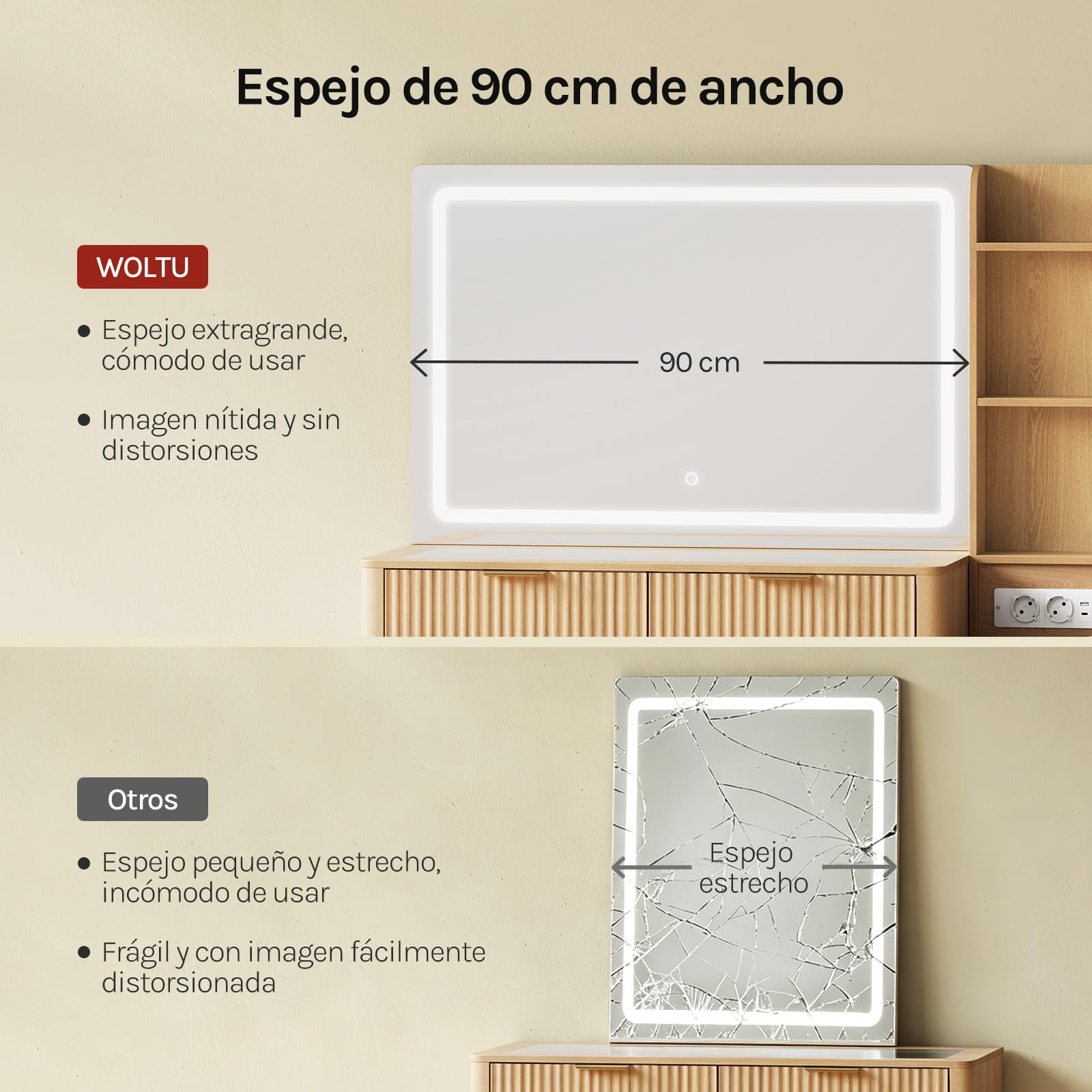 WOLTU Tocador Maquillaje con Luz LED, Encimera de Vidrio Templado, Regleta