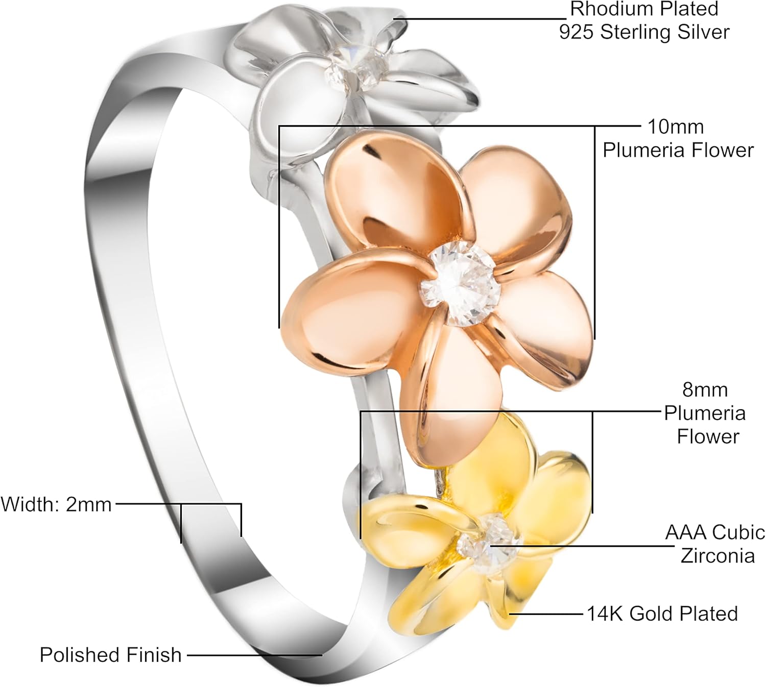 925 Sterling Silver 14K Gold Pated Tri-Color Cubic Zirconia Three Hawaiian Plumeria Flower Ring, Nickel Free Hypoallergenic for Sensitive Skin, Gift Box Included - Image 3