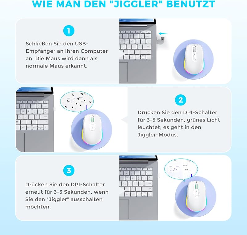 seenda Vezeték Nélküli Egér LED Világítással - Újratölthető, Csendes 2.4G USB Egér Mouse Jiggler Funkcióval, 2000 DPI - PC, Laptop, Windows,
