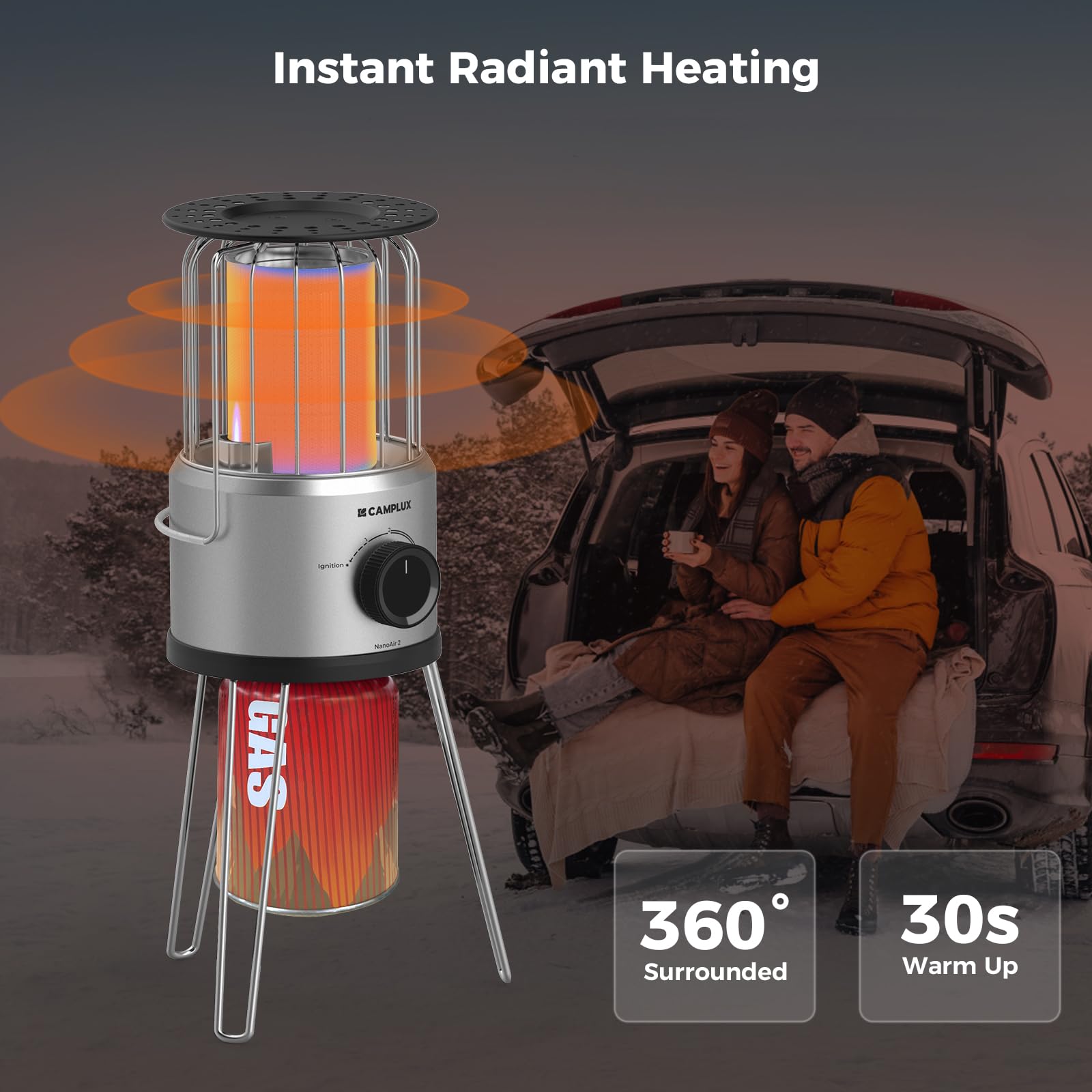 CAMPLUX Nano Tragbarer Gasheizer, 2,34 kW, 2 Stufen, 360° Outdoor-Heizung, 29 mbar Butan, ODS & Kippschutz, Ideal für Camping, Angeln & Garten, NanoAir 2