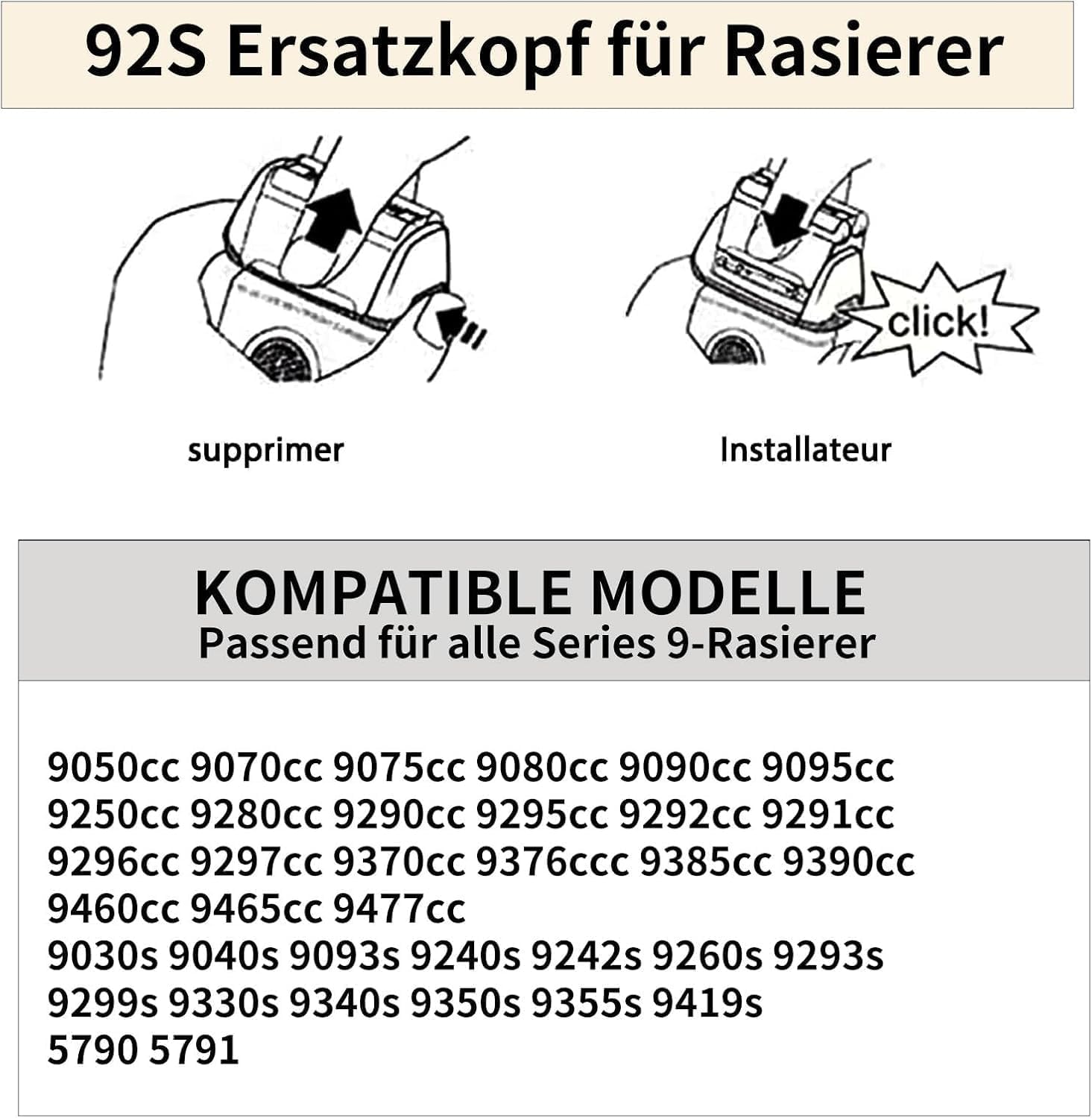 92S Ersatzrasierköpfe Kompatibel mit Braun elektrische Rasiermesser der Serie 9 - Kompatibel mit Braun Series 9 9290cc, 9291cc, 9370cc, 9293s, 9385cc, 9330s, 9296cc, 2 Stück（Silber）