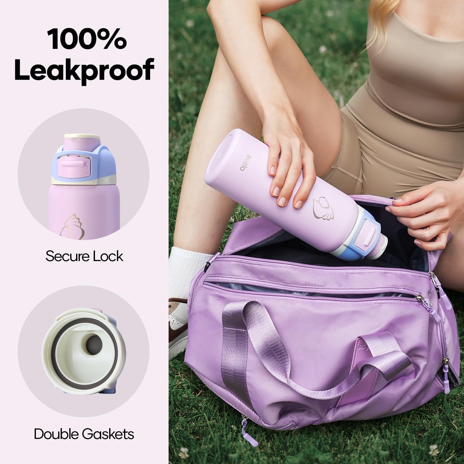 BUZIO 32 oz Insulated Water Bottle - Stainless Steel with Chug Cap, Leakproof Locking Lid, Carry Loop, Wide Mouth, Dishwasher Safe, Gym Sports Travel Work Outdoors, Gifts for Women & Men, Light Purple - Image 6