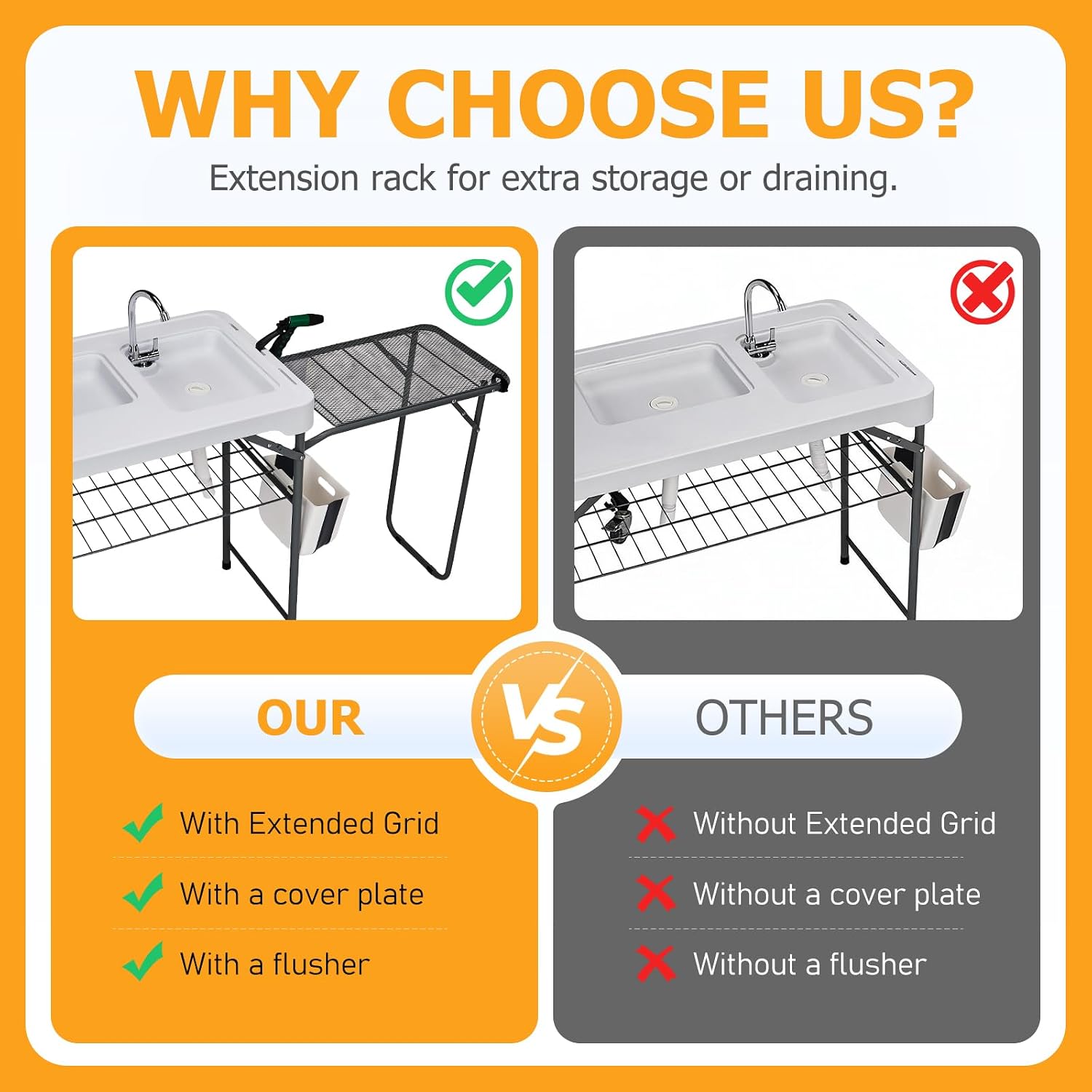 Outvita Fish Cleaning Table, 42.5" HDPE Outdoor Fish Cleaning Station with Sink, Extended Grid and Trash Can, 360° Stainless Steel Faucet, Drainage Hose, Working Platform for Camping, Food Handling