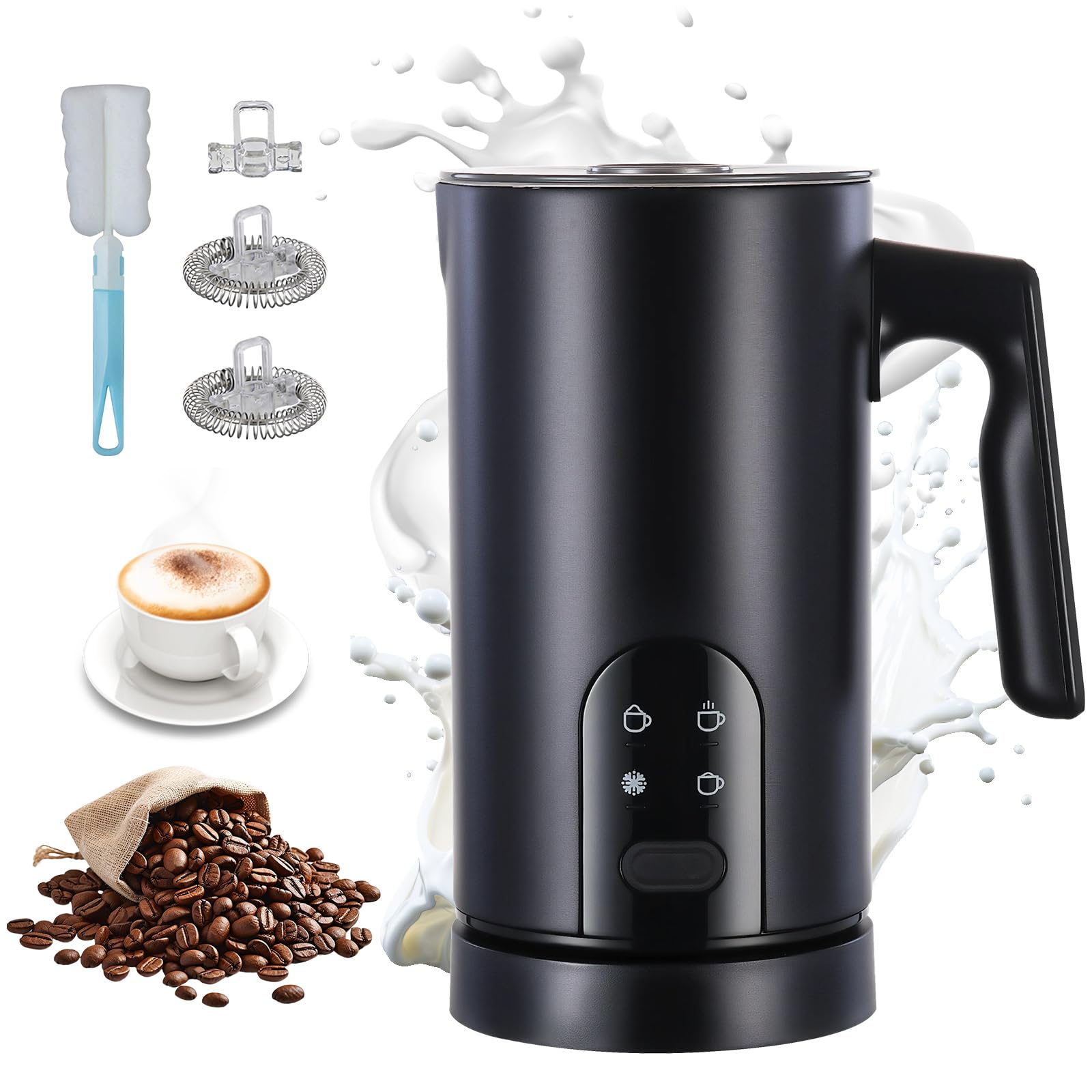 Espumador De Leche Eléctrico Con 4 Funciones: Espumador Automático Para Leche Caliente Y Fría, Apagado Automático, Acero Inoxidable, Ideal Para Matcha (Negro)