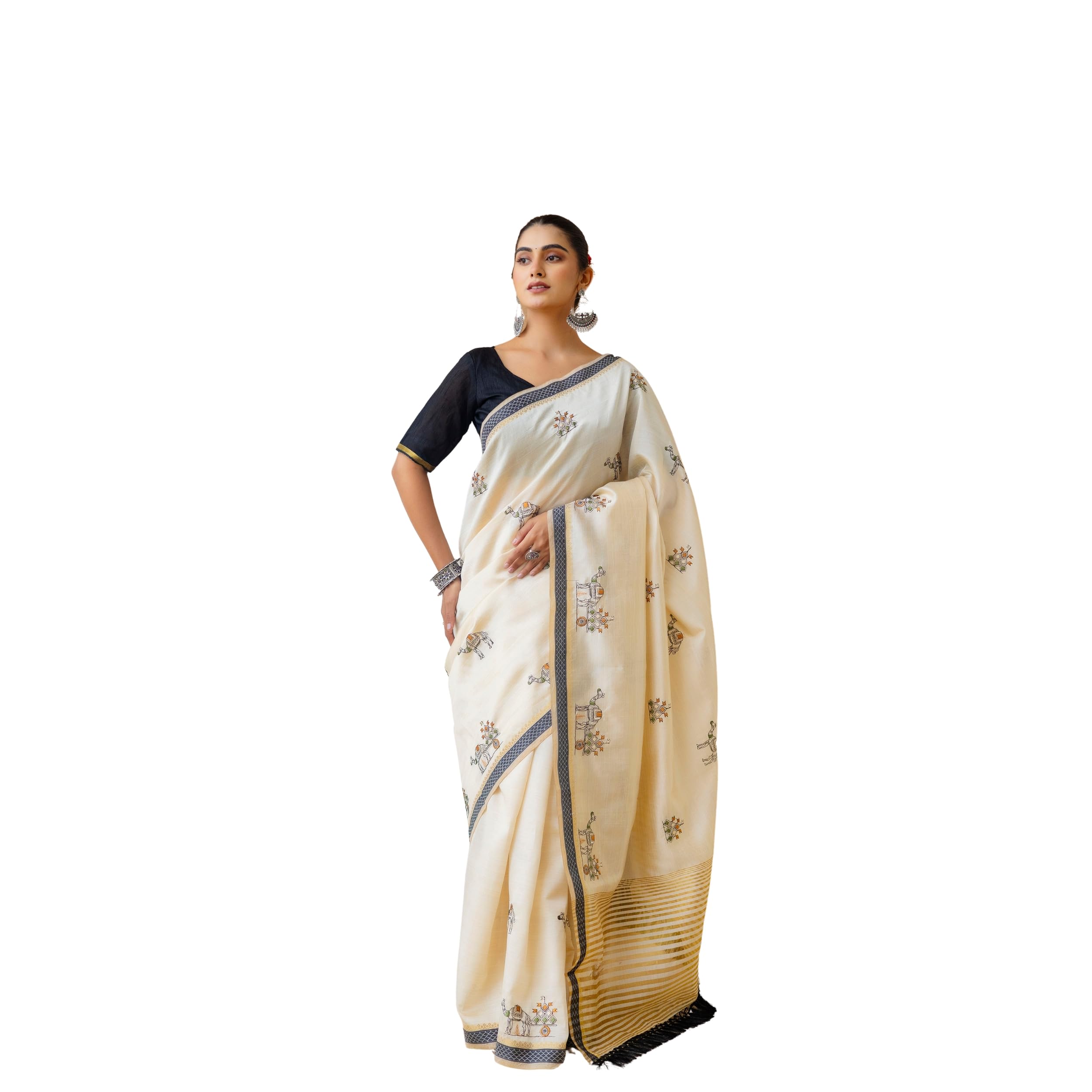 Elegant Cream Cotton Saree with Black Border and Embroidered Floral Design – Traditional Ethnic Wear for Women