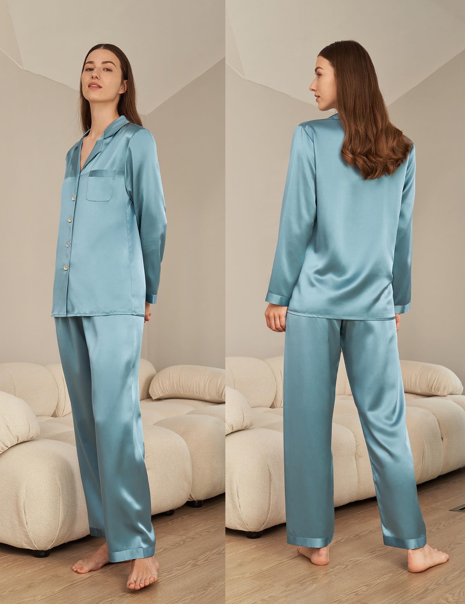 LilySilk Damen 100% Reiner Seide Pyjama-Set Frauen Luxus Langarm-Oberteil mit Knopfleiste und elastischer Unterteil-Loungewear-Schlafanzug