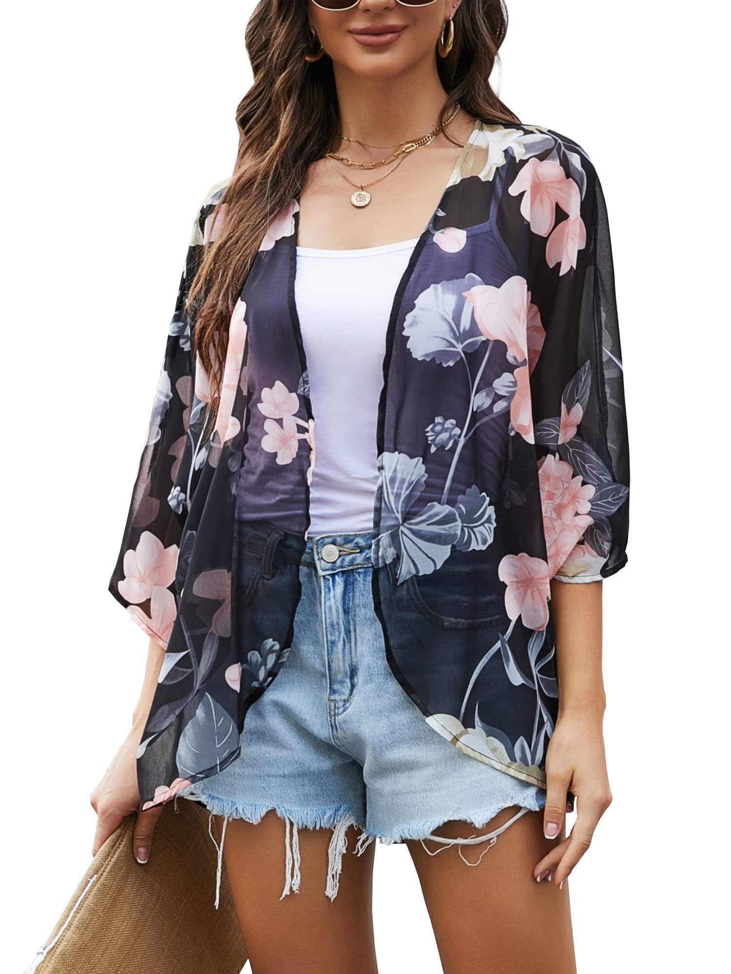 Chunoy Blusa de algodón con estampado floral y manga corta para mujer, parte delantera abierta, cárdigan holgado tipo kimono