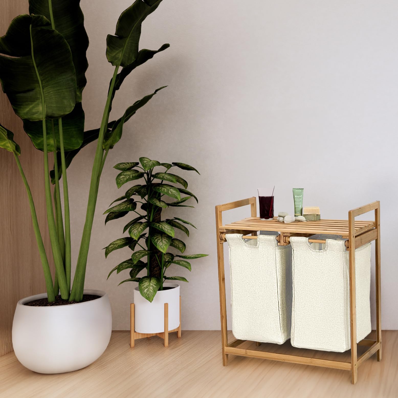 Cesto portabiancheria in bambù ripiano per il bagno portabiancheria in bambù sacchetto per il bucato ripiano per il bagno selezionatore di biancheria 63x33x74 cm Beige