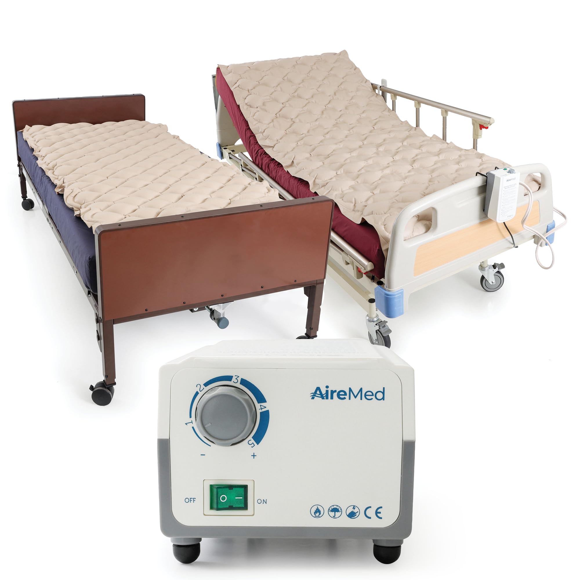 AireMed Alternating Pressure Pump & Pads - (2) Premium Medical Grade Treatment Pads – (1) Quiet Electric Pump - Inflatable Mattress Topper - Standard Hospital Twin Bed Size - Sore Wound & Ulcer Relief