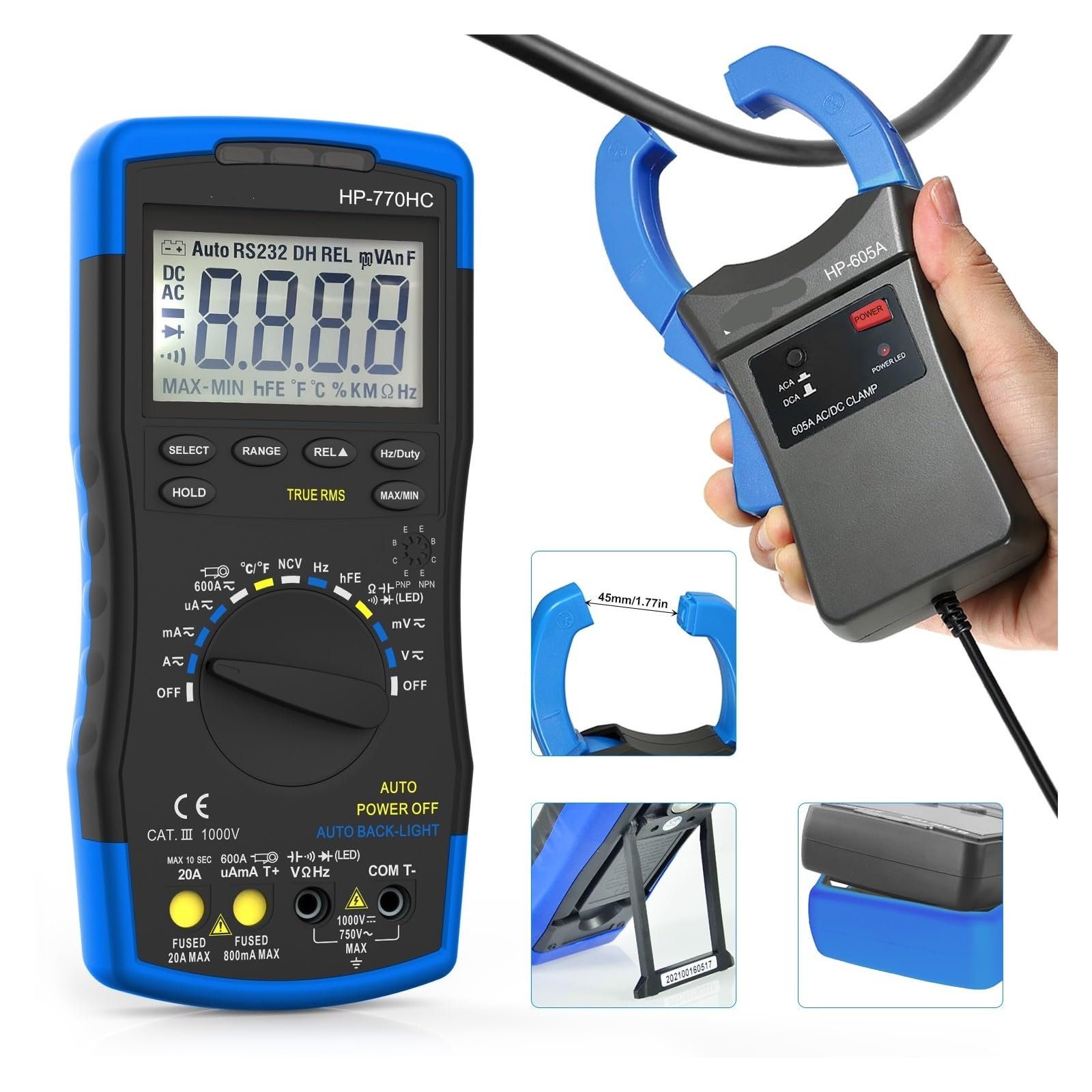 770HC Tester multimetro digitale Sonda a portata automatica True RMS con adattatore a morsetto NCV+-605A Corrente CA/CC 600A(ONLY 770HC)