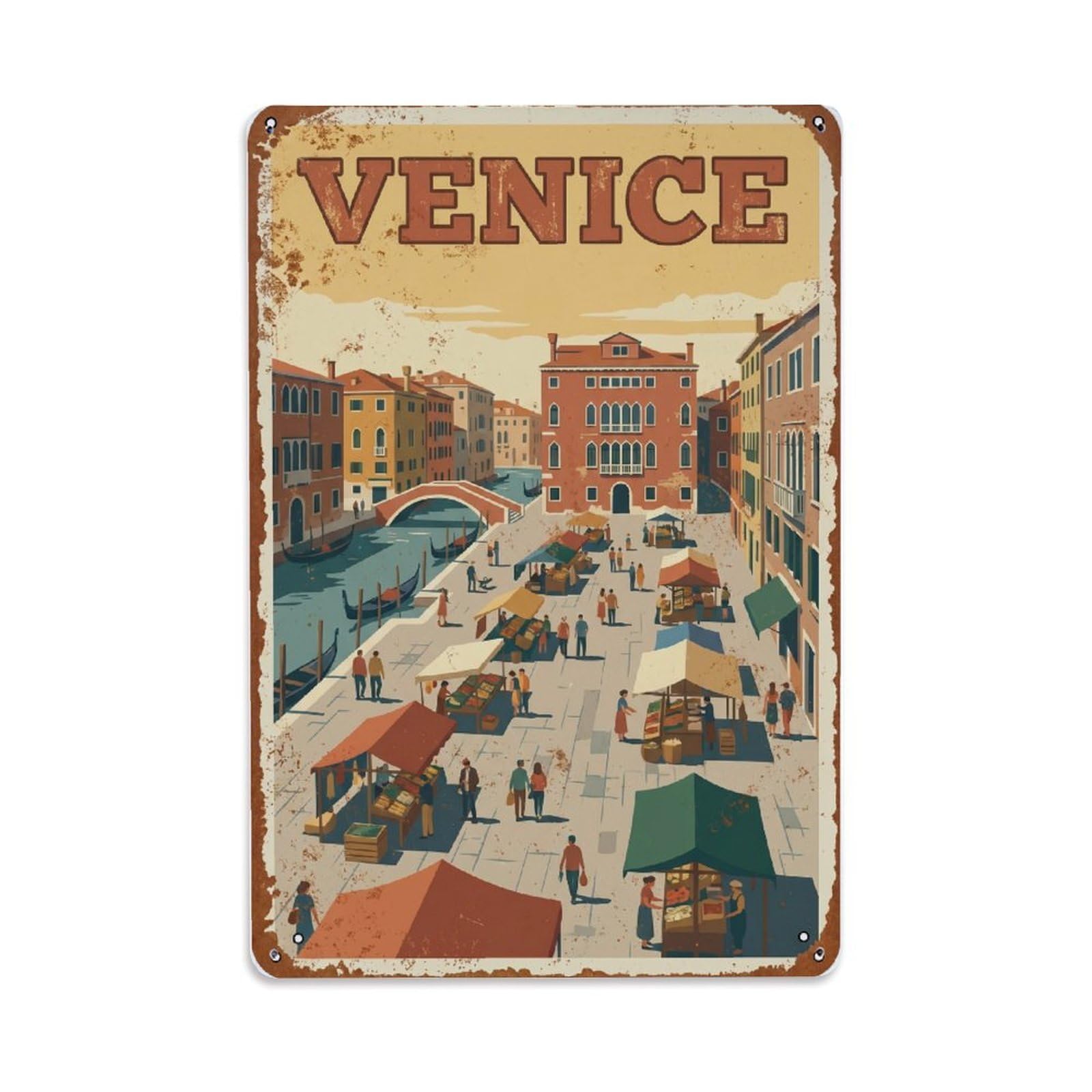 Vintage Travel Venice Campo San Polo Large Square Market Rusted Italy Metal Tin Sign Plaque Wall Decor for Cafe, Club Bar, Office, Home Garden Metal Poster 8x12Inch