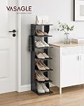 VASAGLE 7-Tier Vertical Shoe Rack, Narrow Shoe Storage Organizer with Hooks, Slim Corner Tower Shelf, Space-Saving for Entryway and Bedroom, Black ULBS200T16 | Shoe Storage Rack