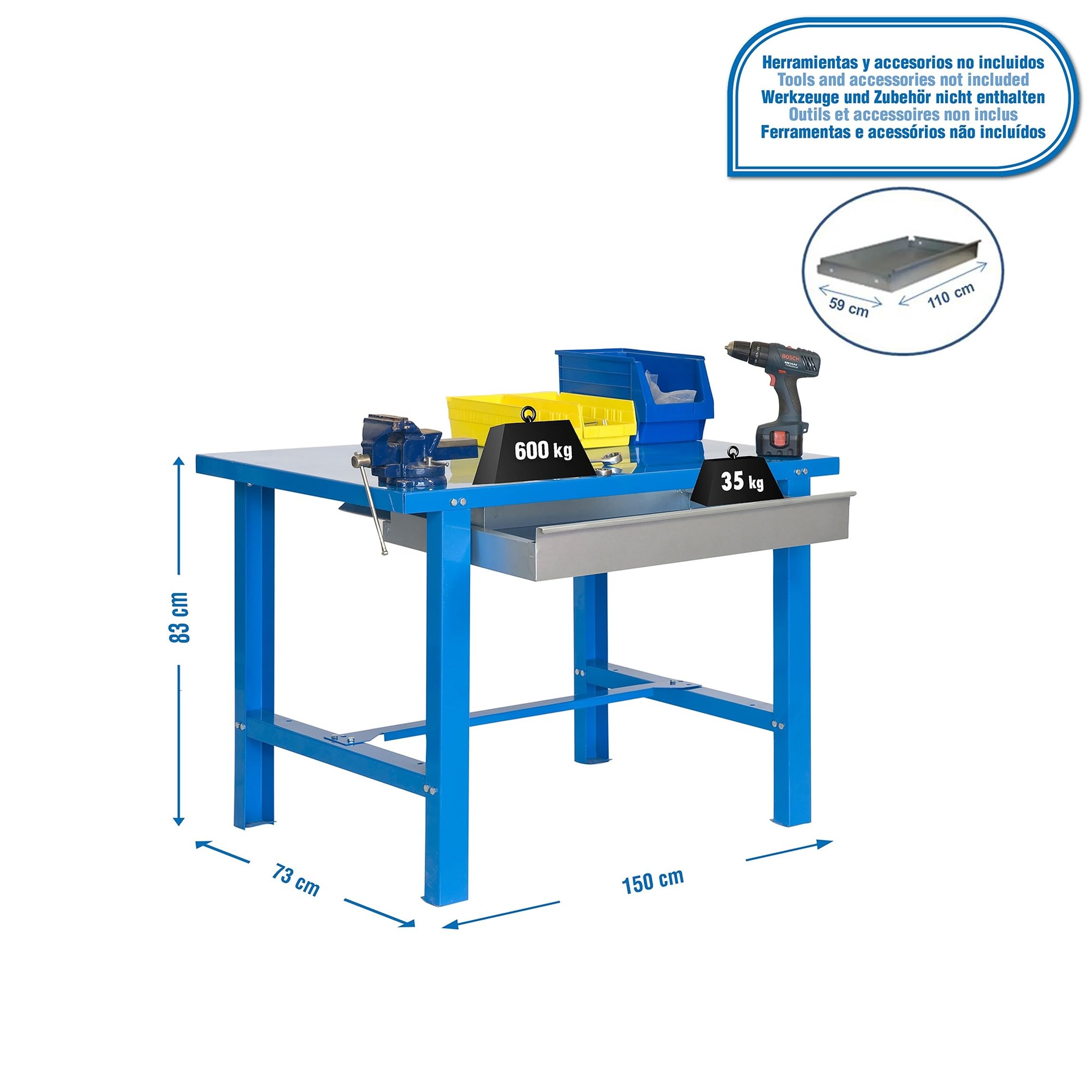 Simonrack Banco da lavoro industriale con cassetto BT6 Simonwork Metalic Blu 830x1500x730 mm - banco da lavoro resistente 800 kg di capacità per ripiano